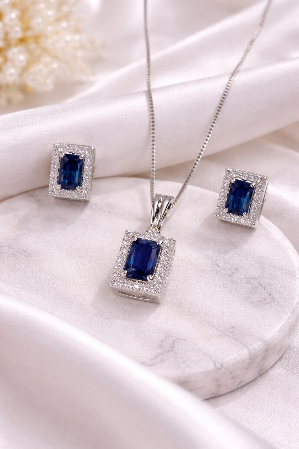 925 Sterling Silver Rhodium Plated Emerald-Cut Blue Sapphire & Halo Zirconia jewelry set