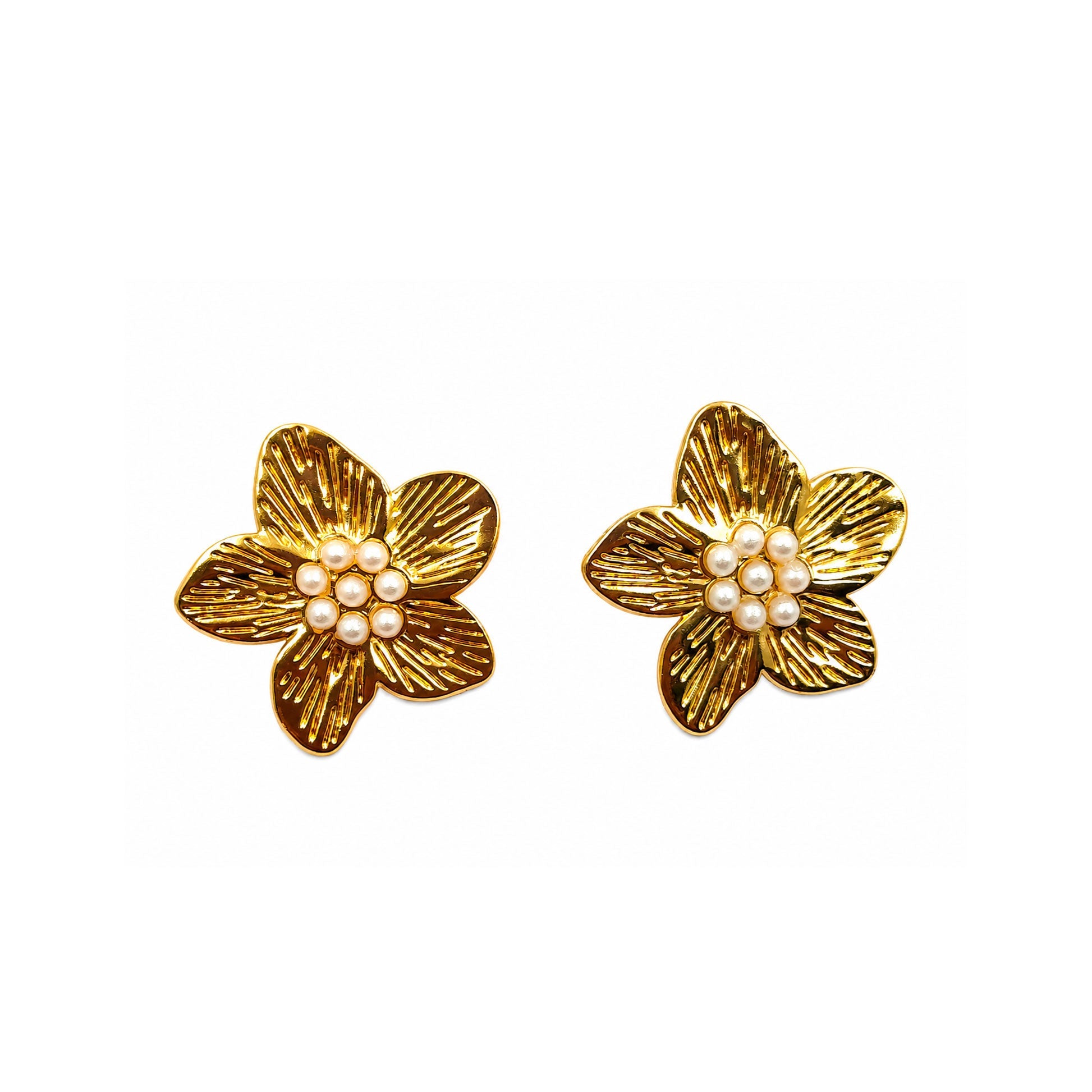 Gold pearl flower stud earrings pair on white background