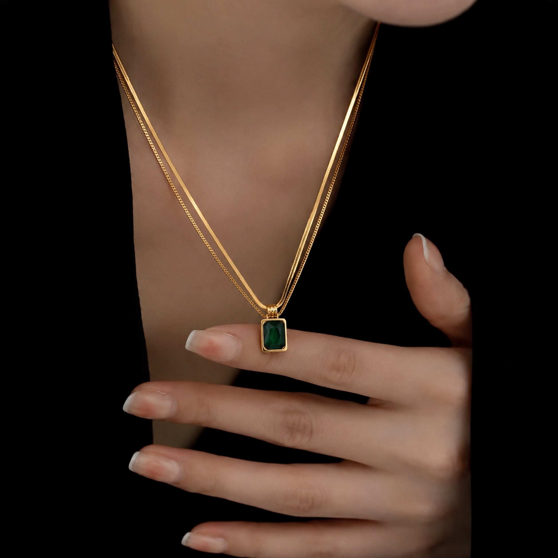 Gold Green Stone Rectangle Pendant Necklace