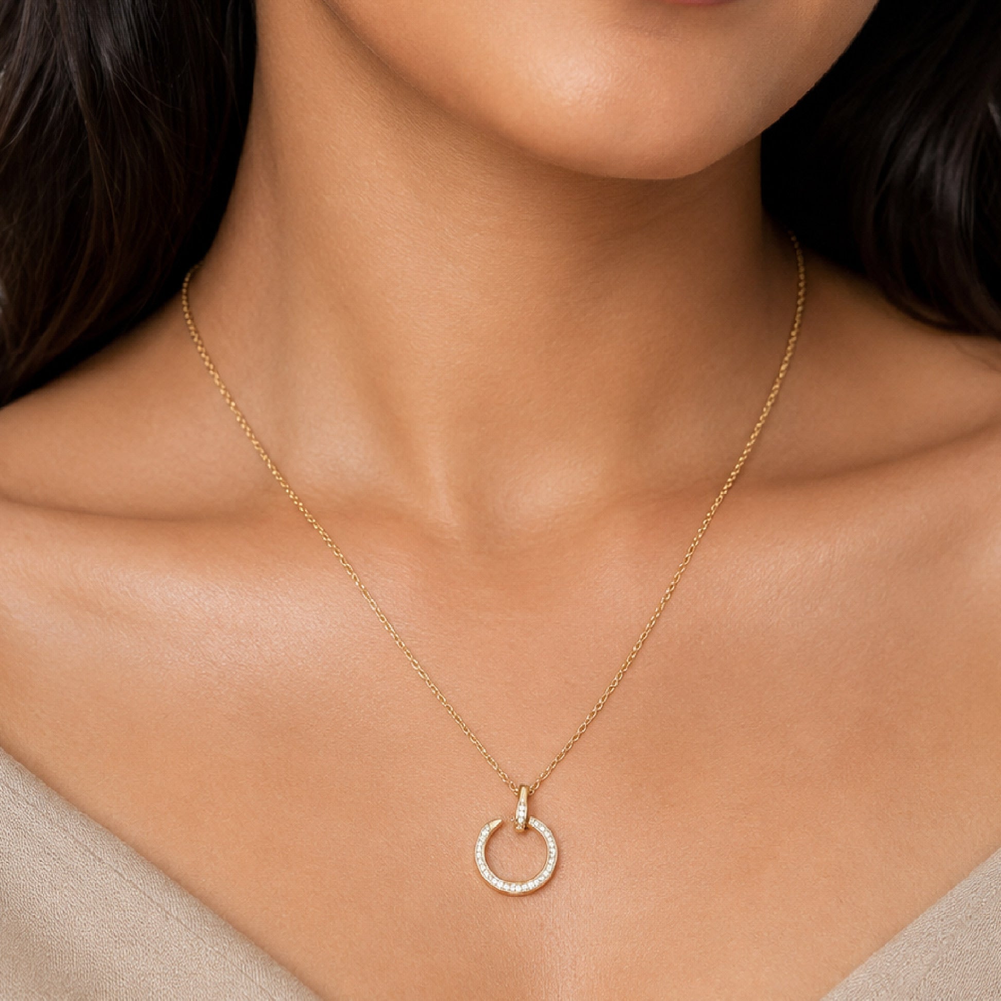 Gold Crystal Open Circle Pendant Necklace