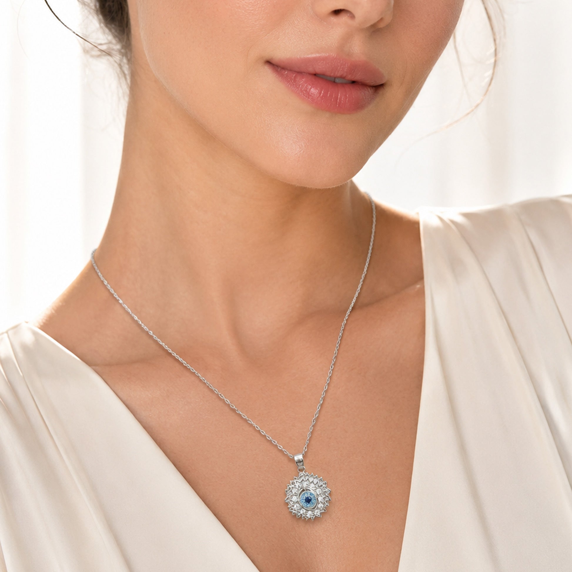 Silver Crystal Evil Eye Pendant Necklace