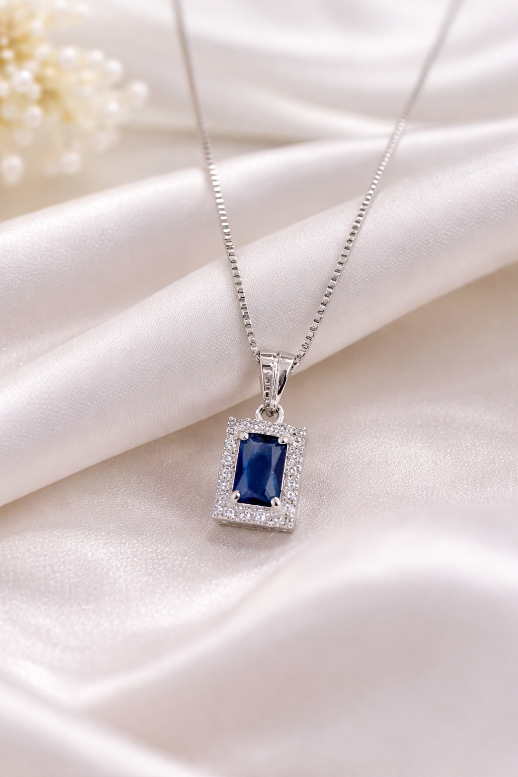925 Sterling Silver Rhodium Plated Emerald-Cut Blue Sapphire Halo Pendant Necklace