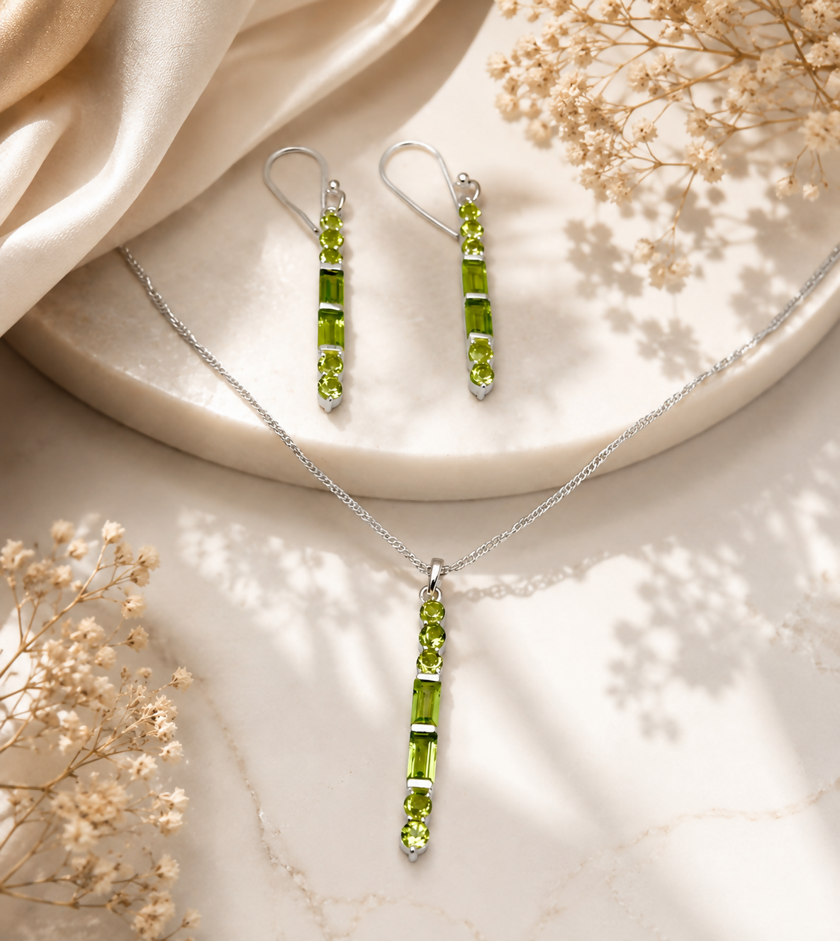 Verdant Natural Peridot 925 Sterling Silver Jewellery Set
