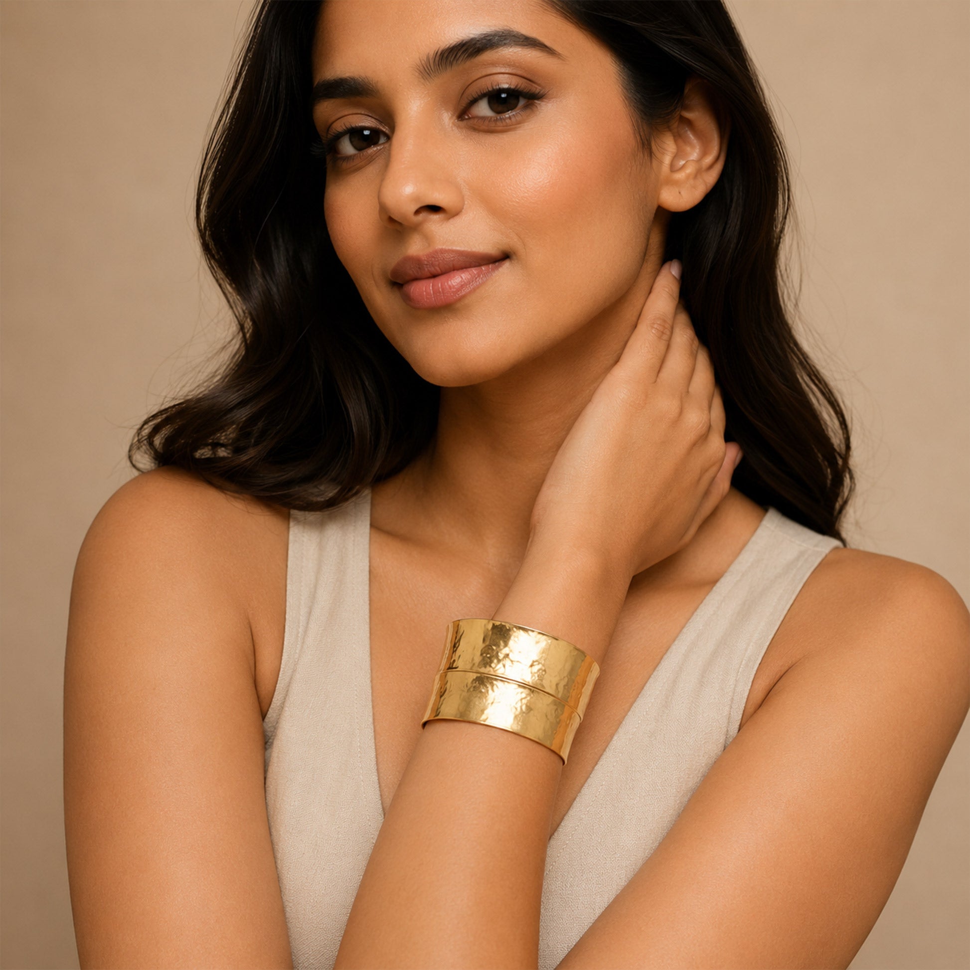 Gold Wide Hammered Open Cuff Bracelet