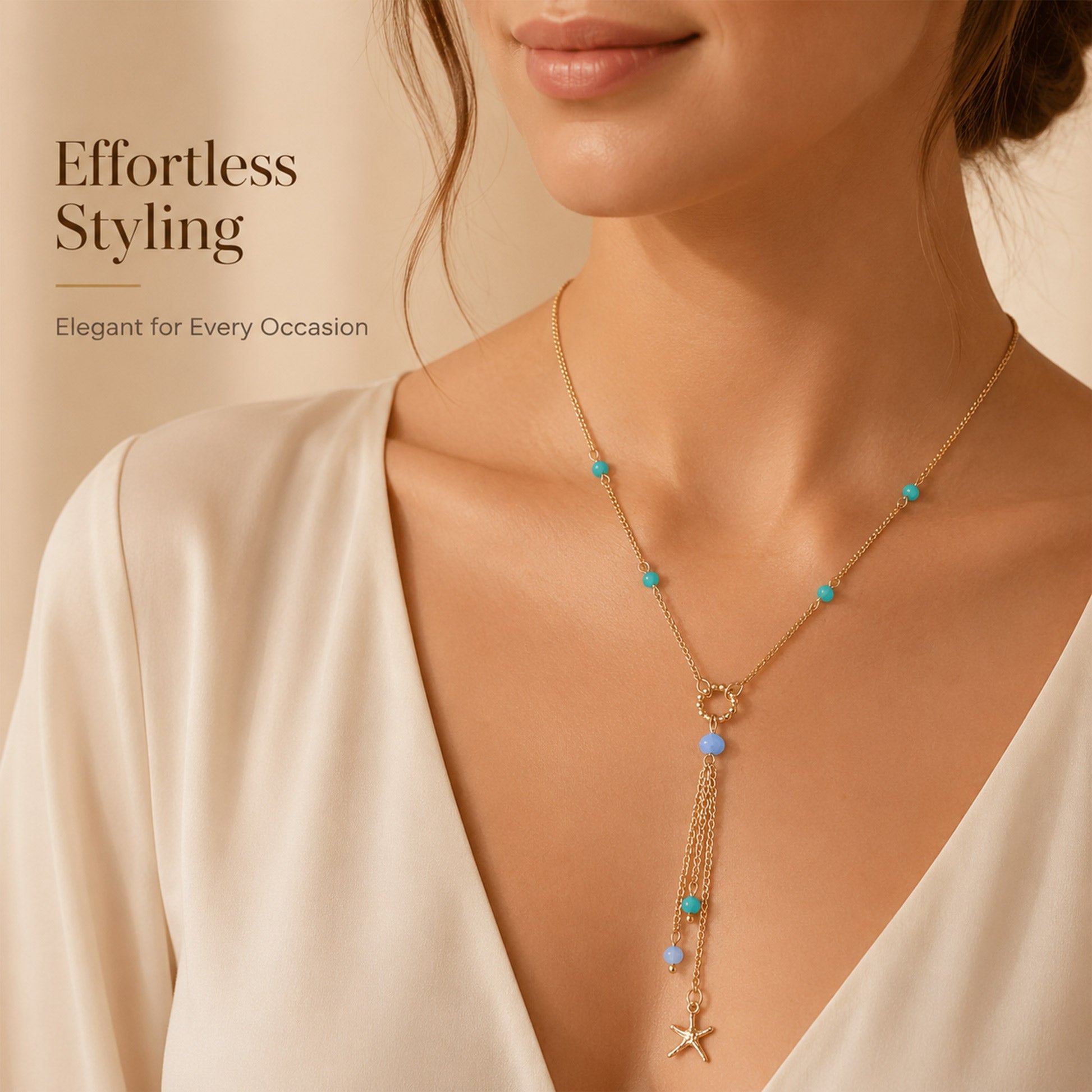 Close-up view of gold tassel necklace with turquoise beads