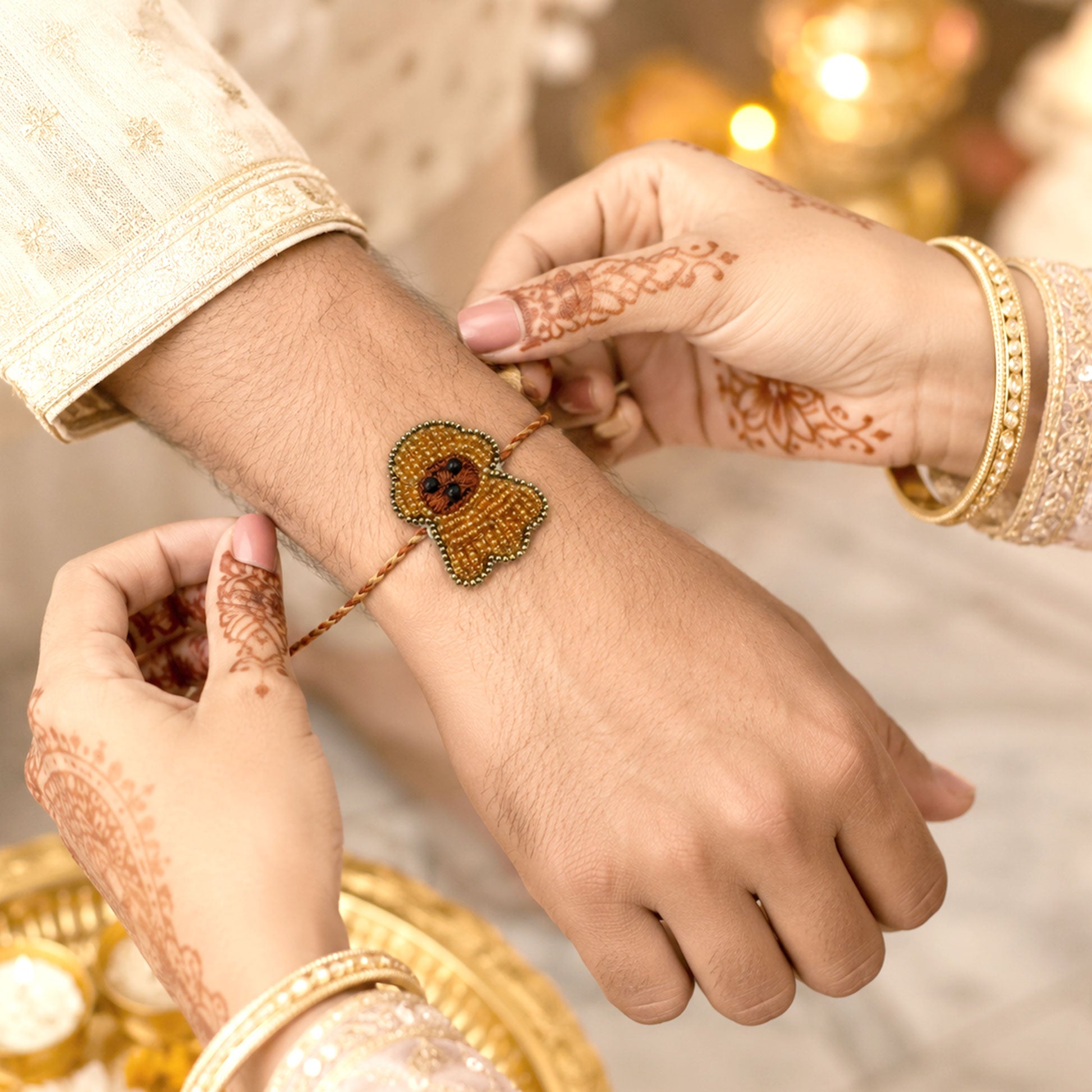 Close-up view of orange beaded puppy rakhi for brother