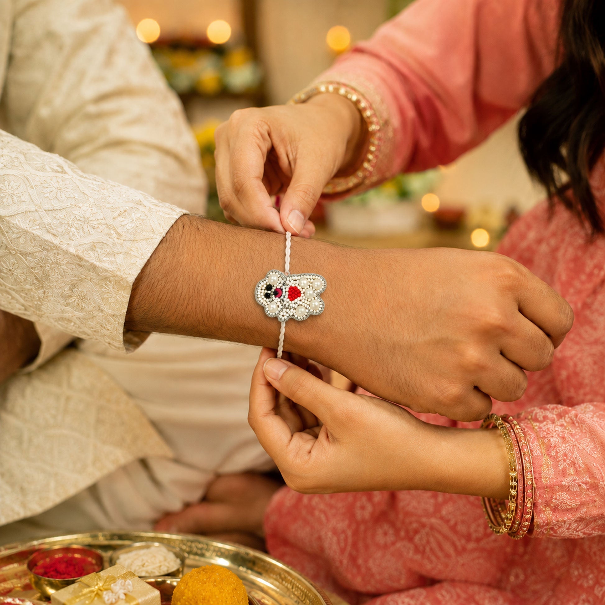Designer teddy bear rakhi with red heart and silver border