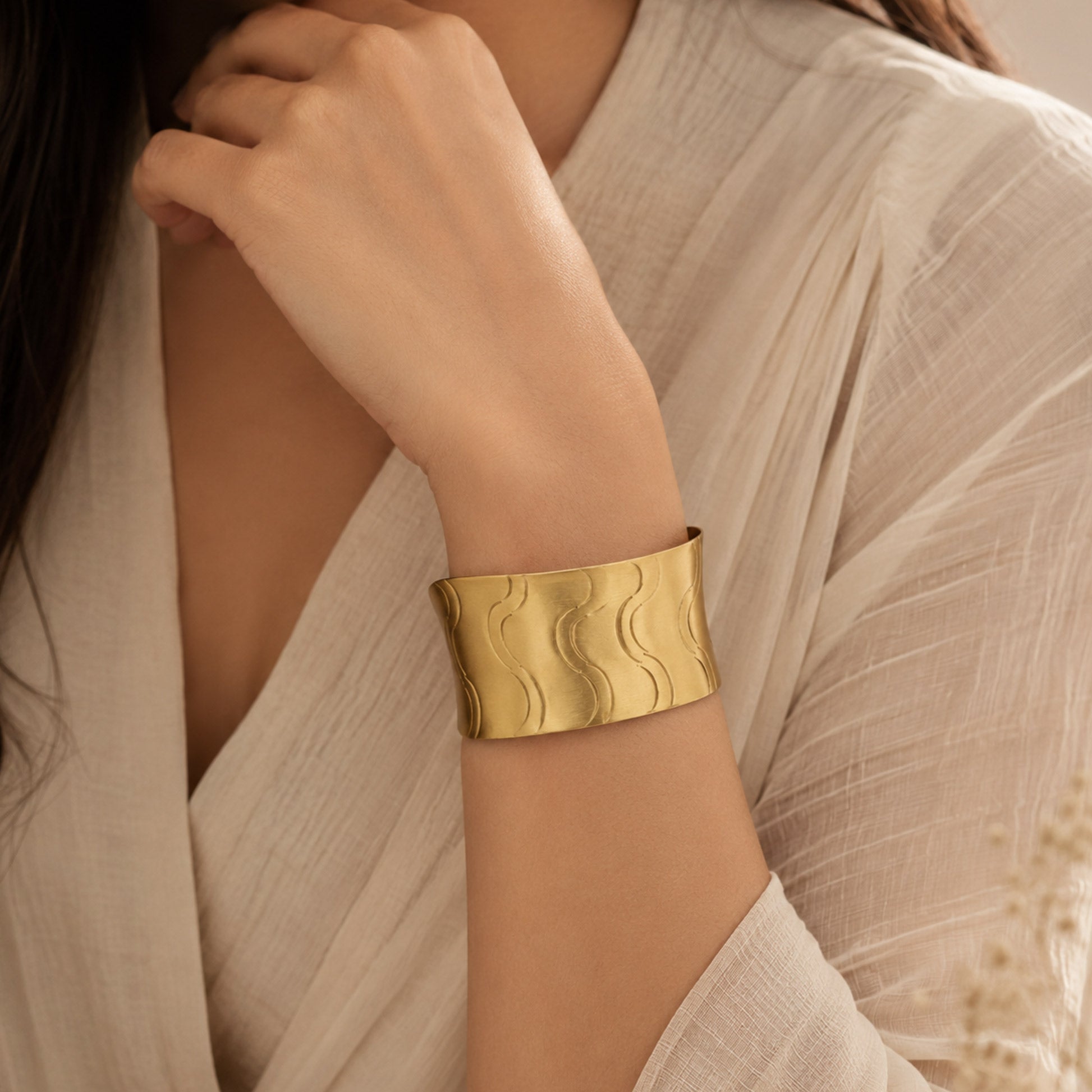 Gold Wavy Texture Open Cuff Bracelet