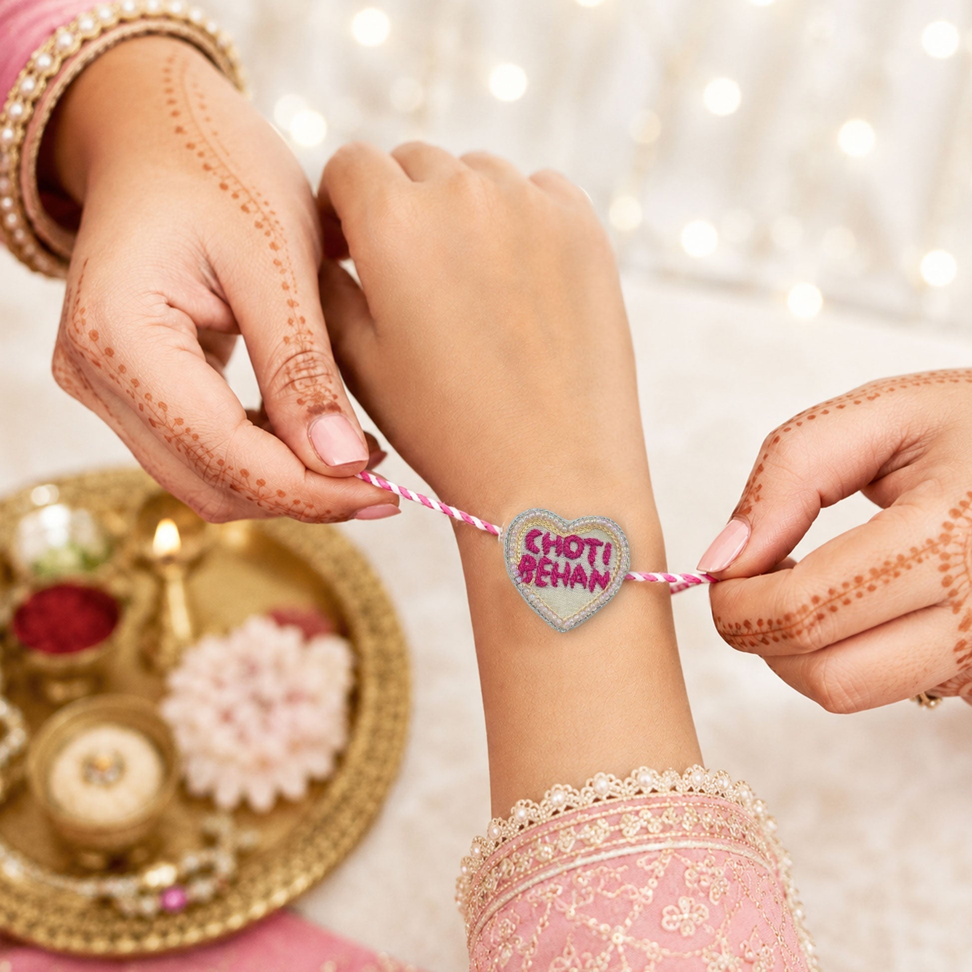 Close-up view of embroidered Choti Behan rakhi