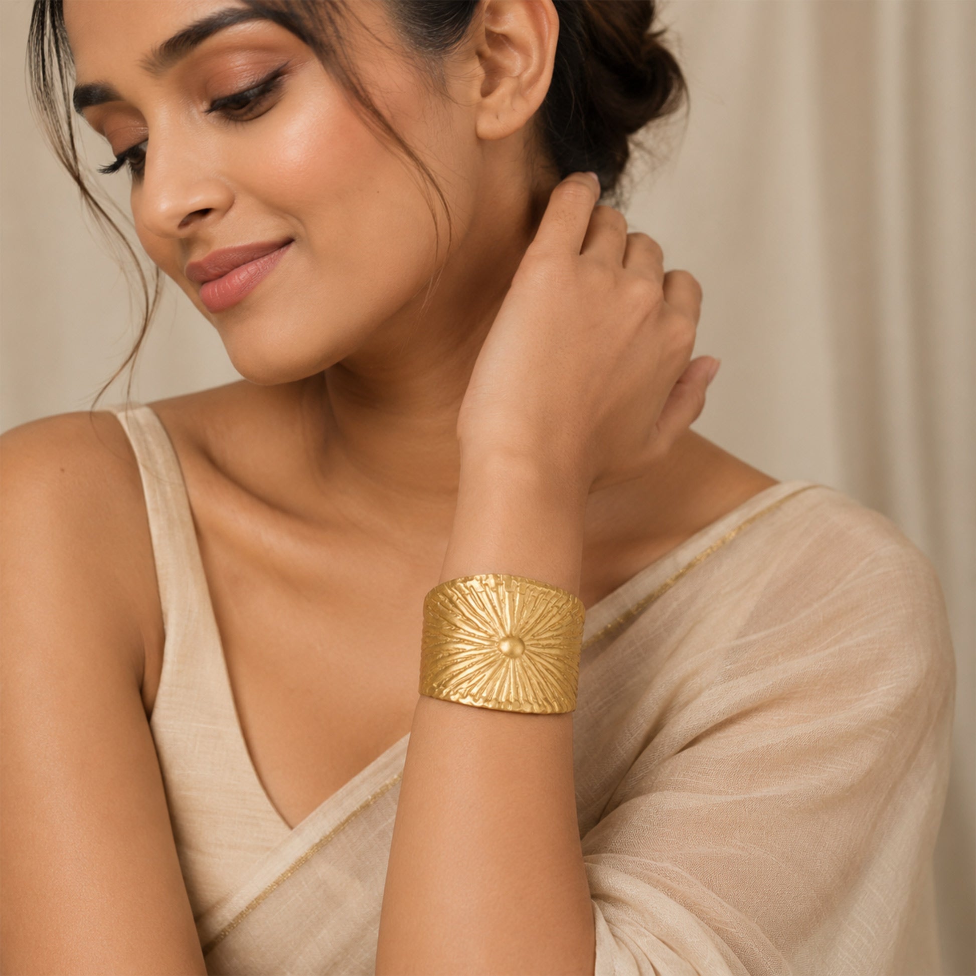 Brass Gold Sunburst Textured Open Cuff Bracelet