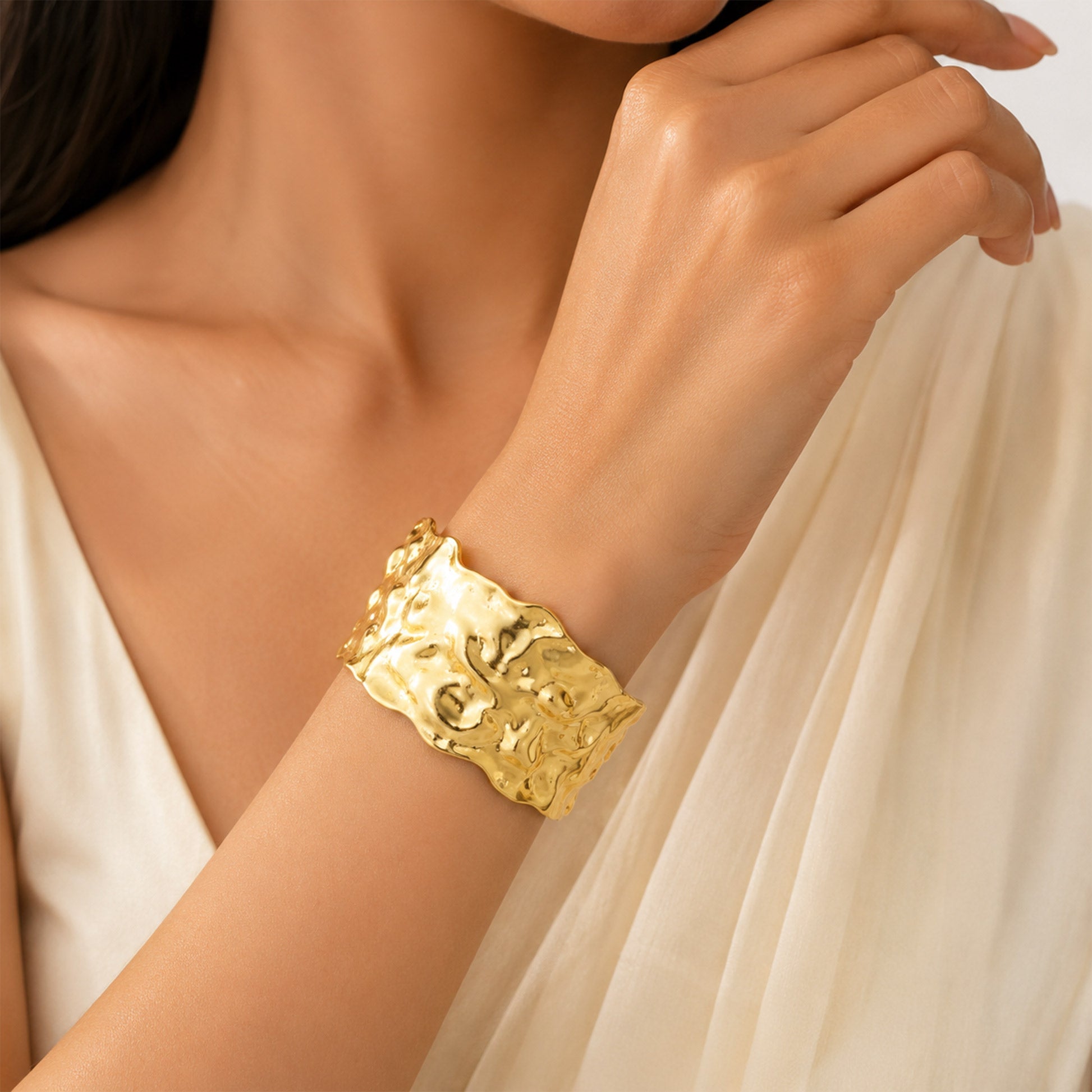 Gold Crushed Texture Open Cuff Bracelet