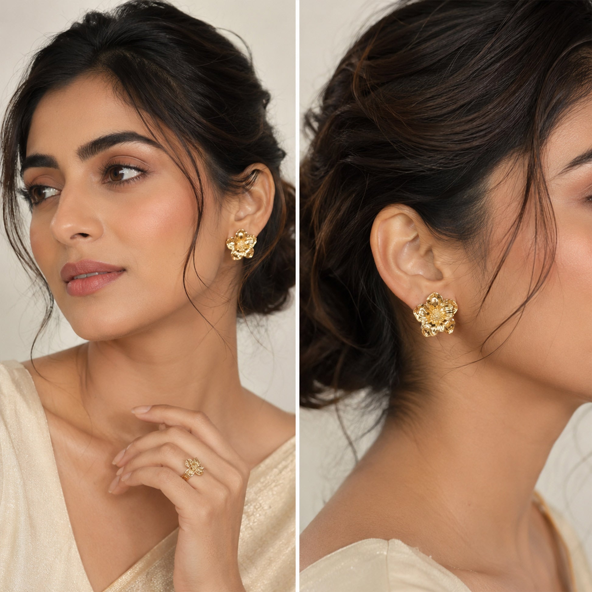 Gold plated statement earrings with textured flower design