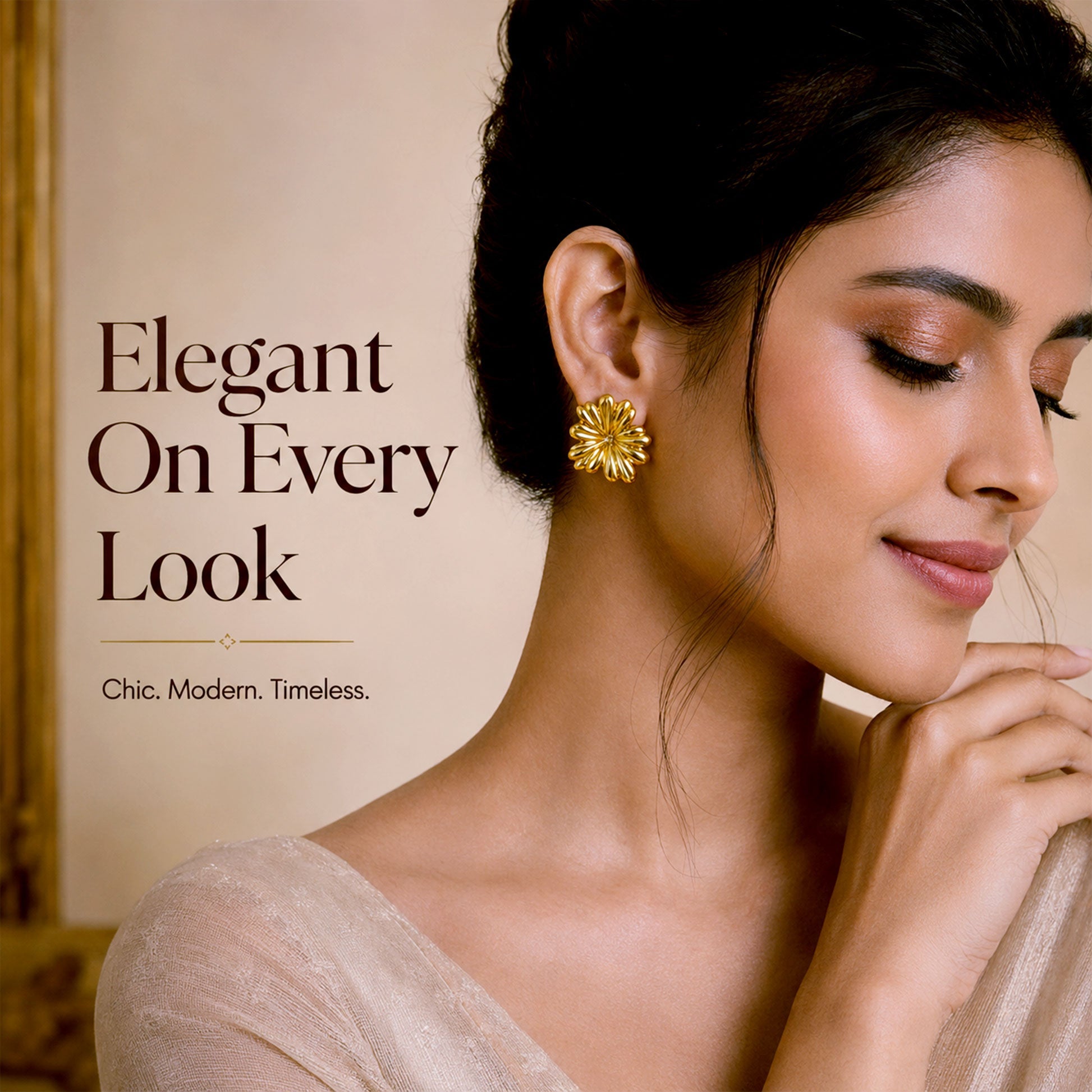 Close-up view of gold flower earrings with sculpted petal design