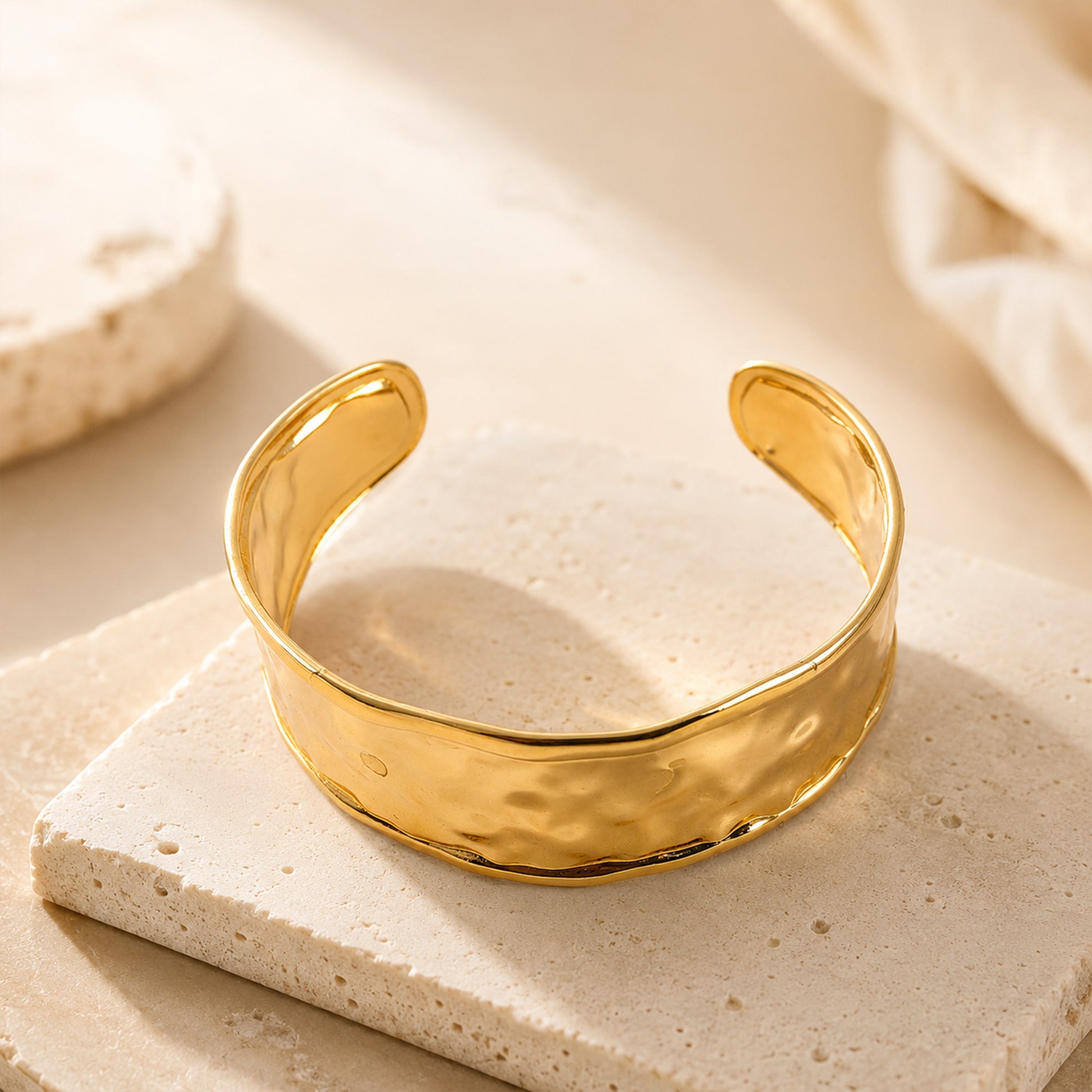Gold plated wide open cuff bracelet with smooth finish