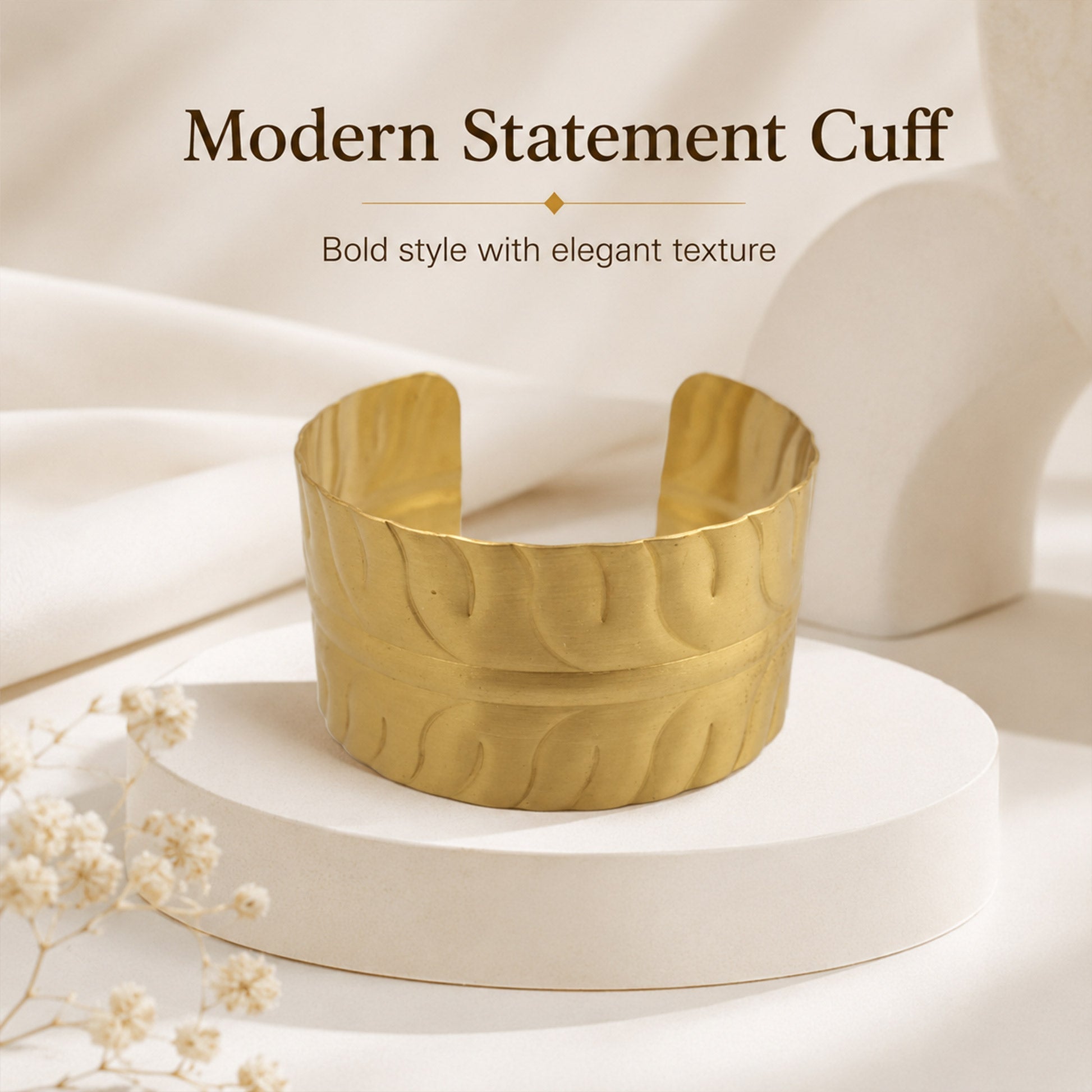 Brass Embossed Wave Pattern Wide Open Cuff