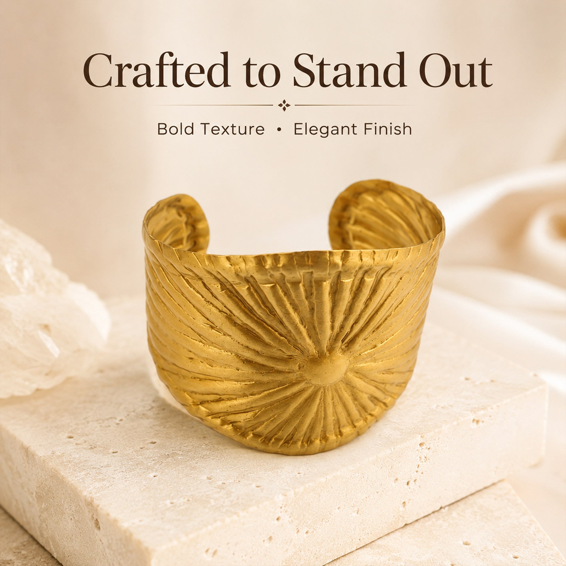 Brass Gold Sunburst Textured Open Cuff Bracelet