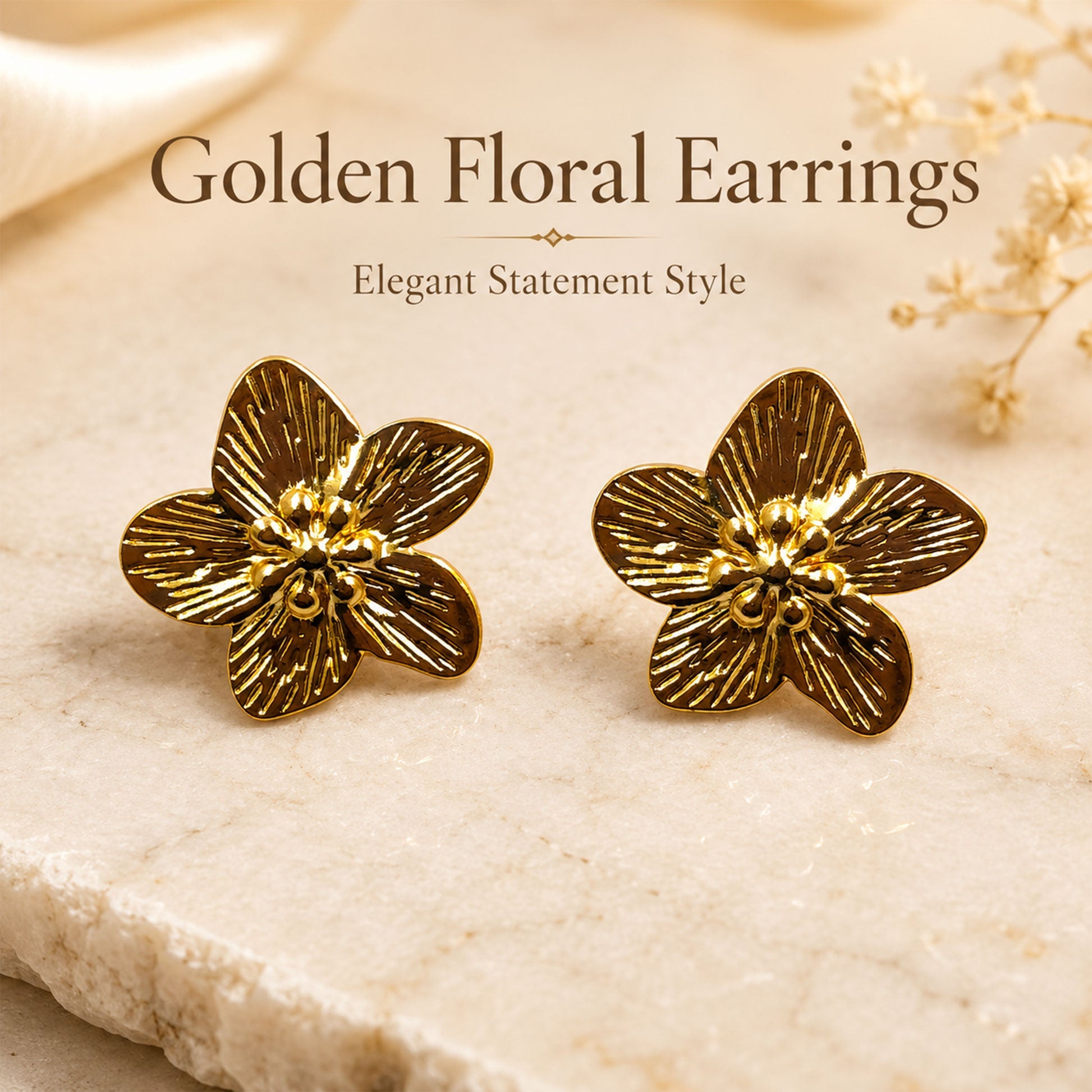Gold plated five petal flower stud earrings with polished finish