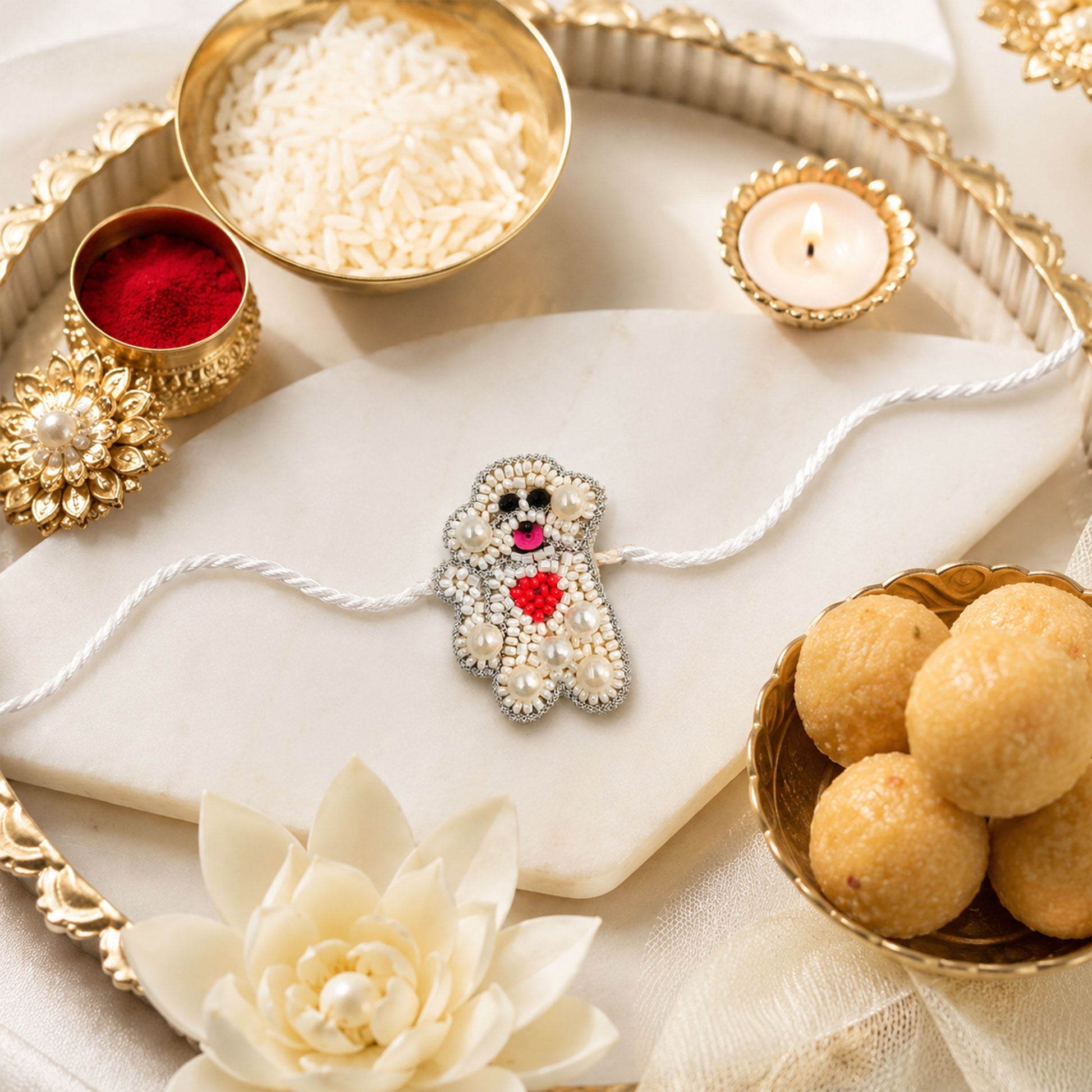 White pearl teddy bear designer rakhi on white