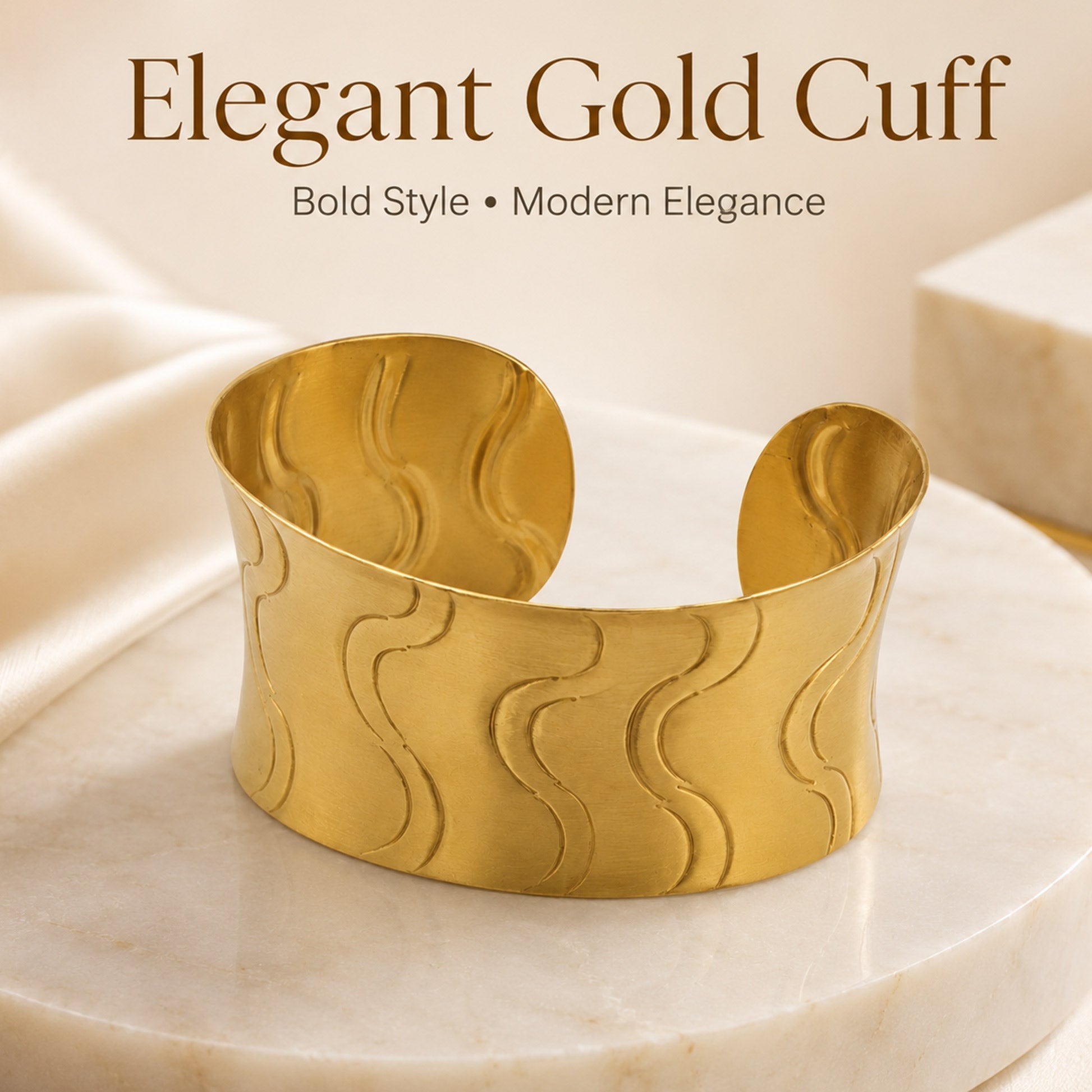 Gold Wavy Texture Open Cuff Bracelet