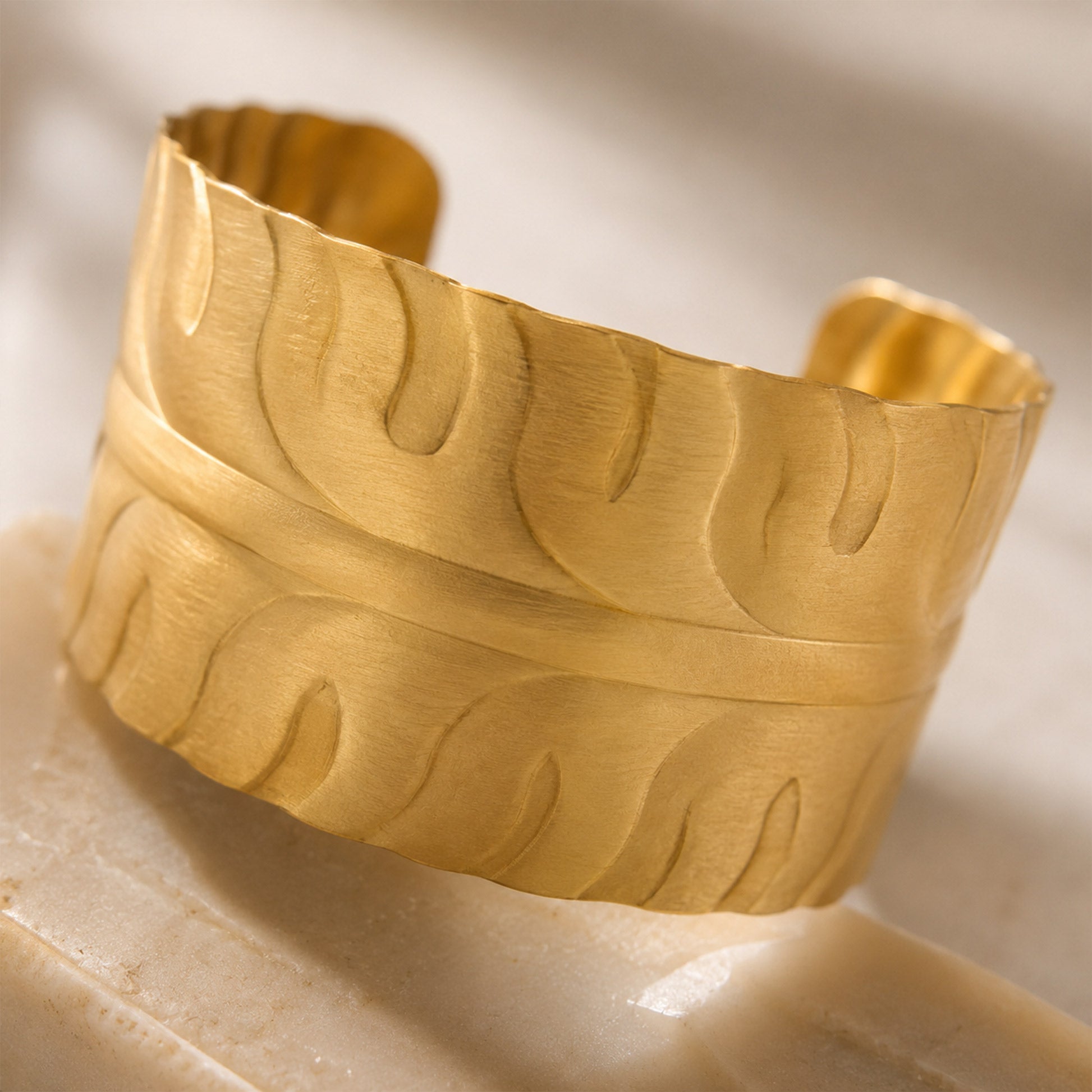 Brass Embossed Wave Pattern Wide Open Cuff