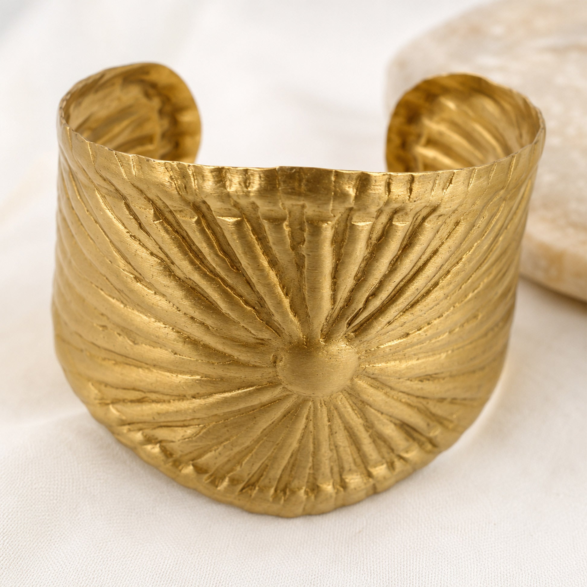 Brass Gold Sunburst Textured Open Cuff Bracelet