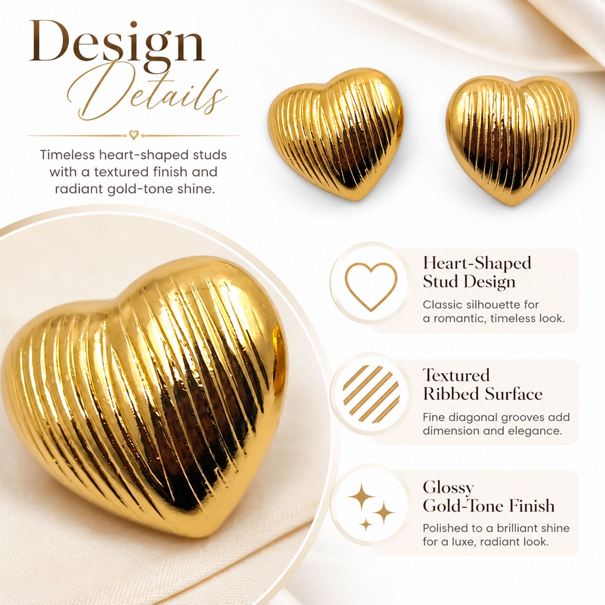 Gold plated heart stud earrings with polished finish