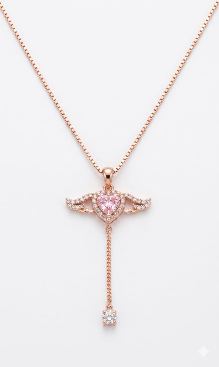 925 Sterling Silver Rose Gold Plated Angel Wings Pink Heart Pendant with Dangle Drop & Box Chain