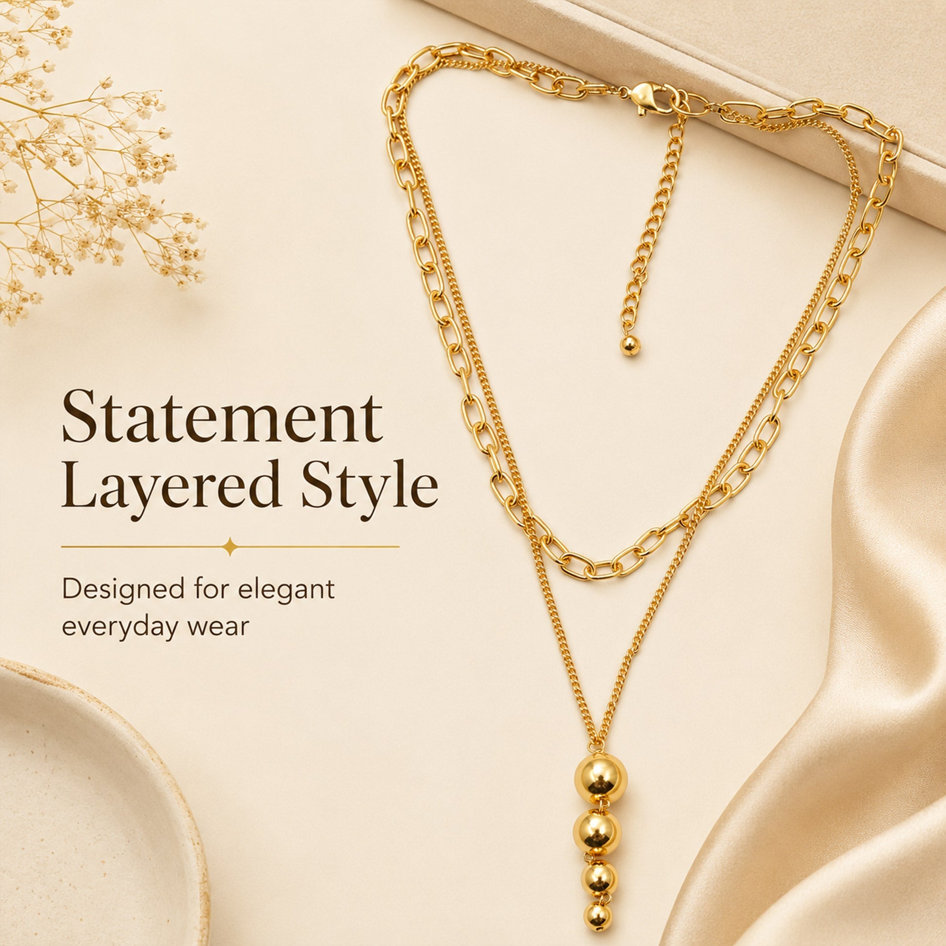 Detailed view of graduated gold ball drop necklace