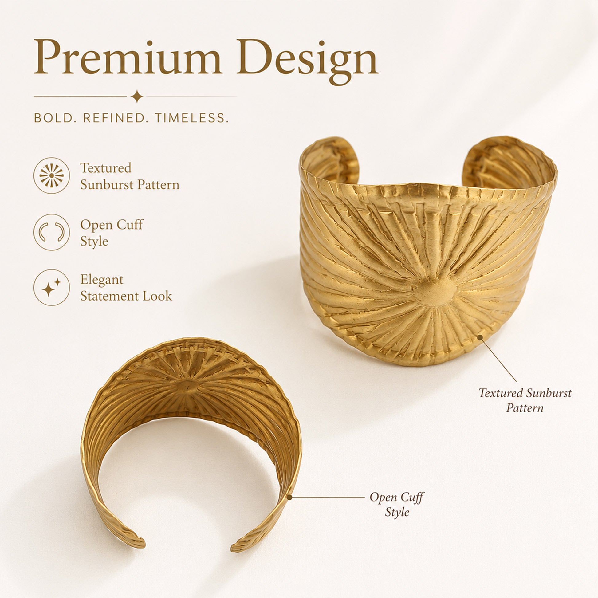 Brass Gold Sunburst Textured Open Cuff Bracelet