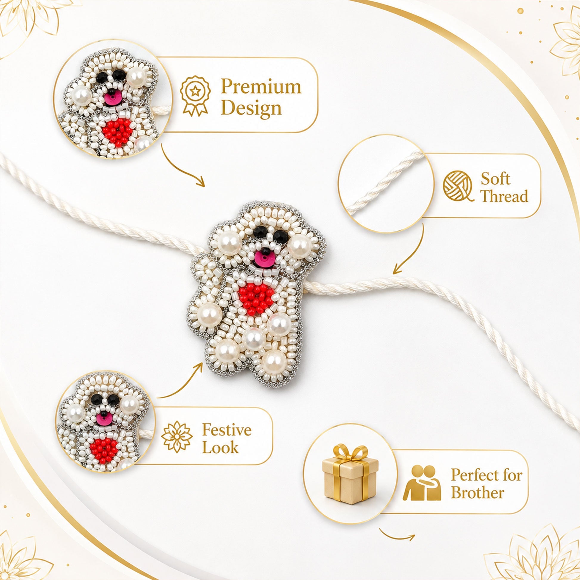 Close-up view of teddy bear rakhi with pearl bead detailing