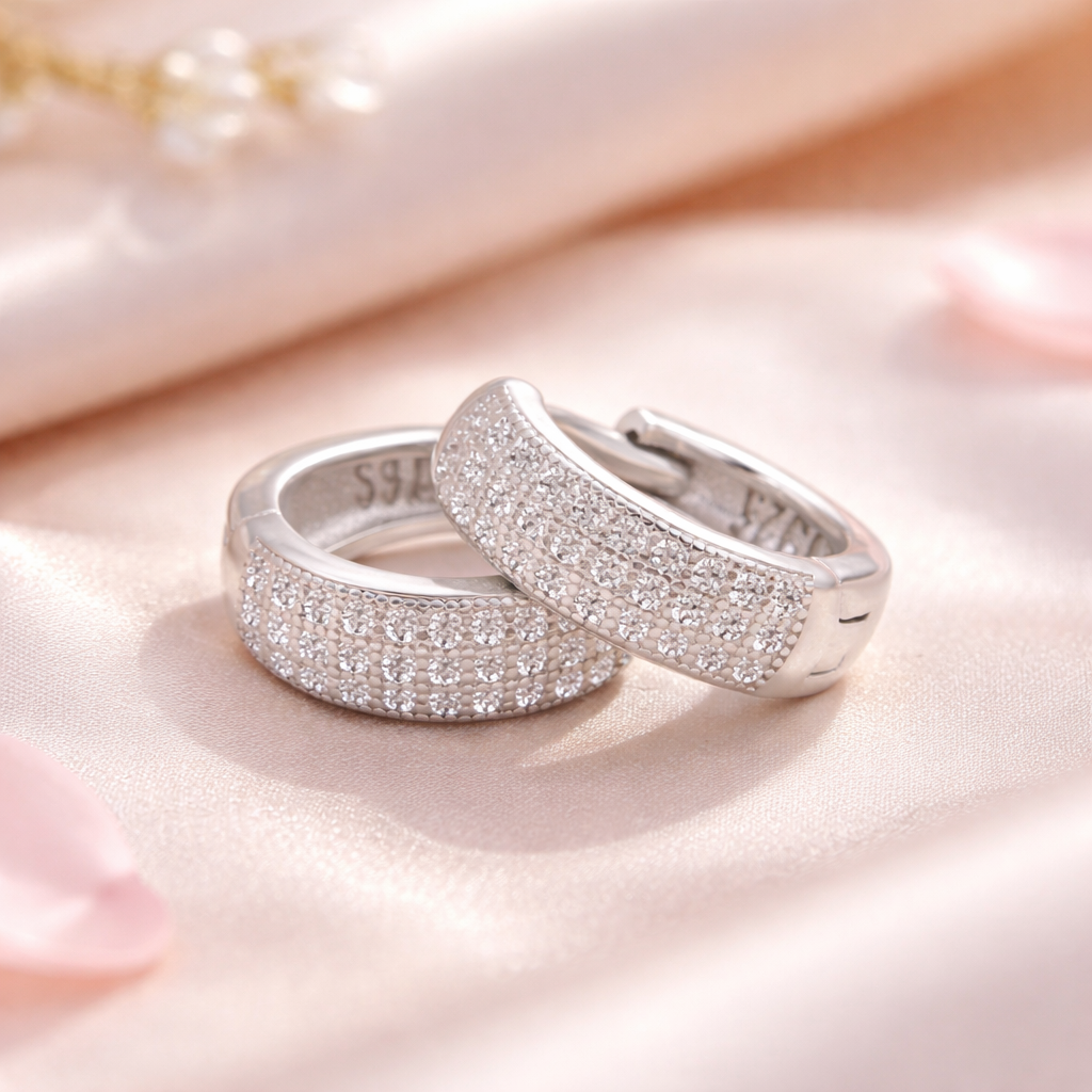 925 Sterling Silver Rhodium Plated Triple Row Micro-Pave Hoop Earrings (Huggie Style