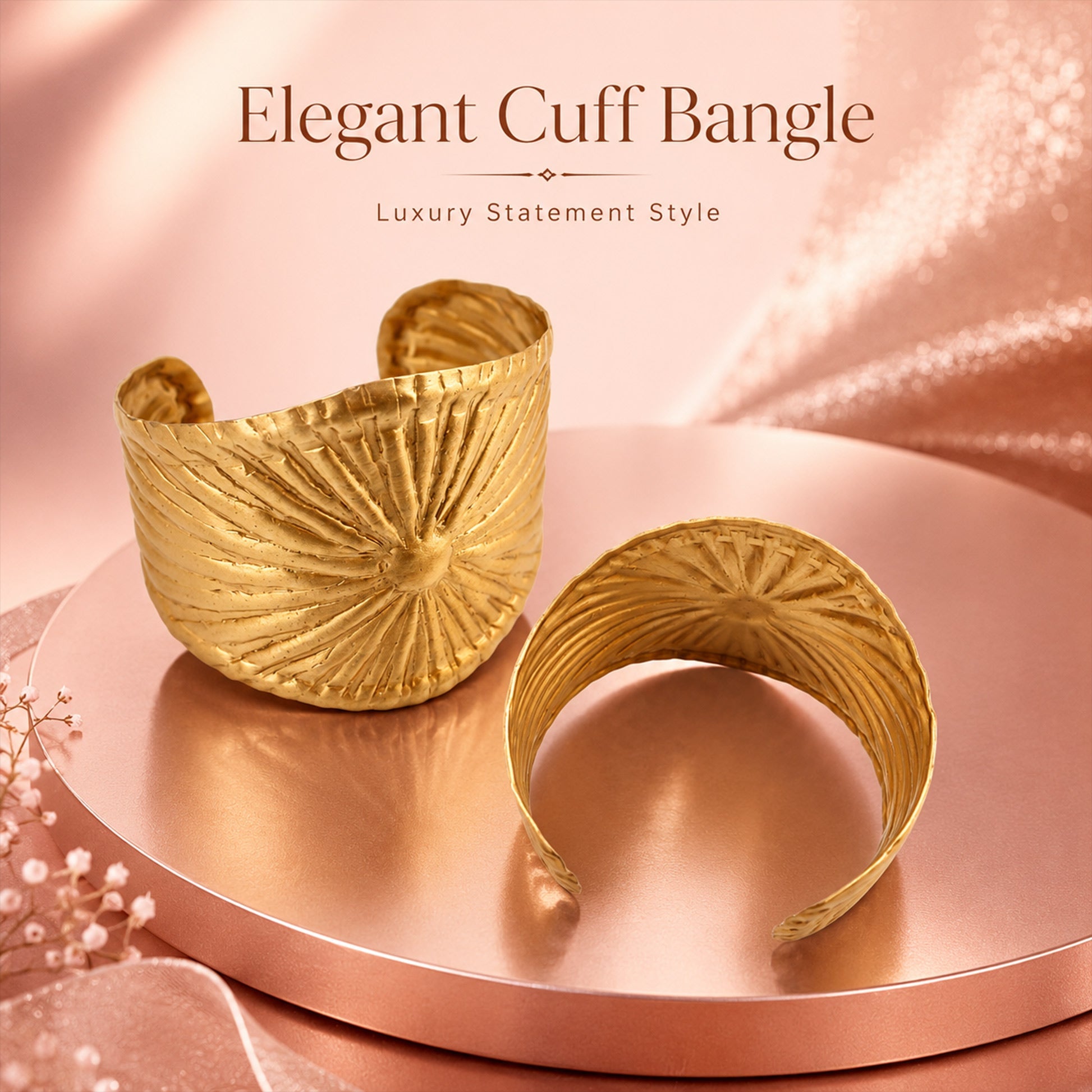 Brass Gold Sunburst Textured Open Cuff Bracelet