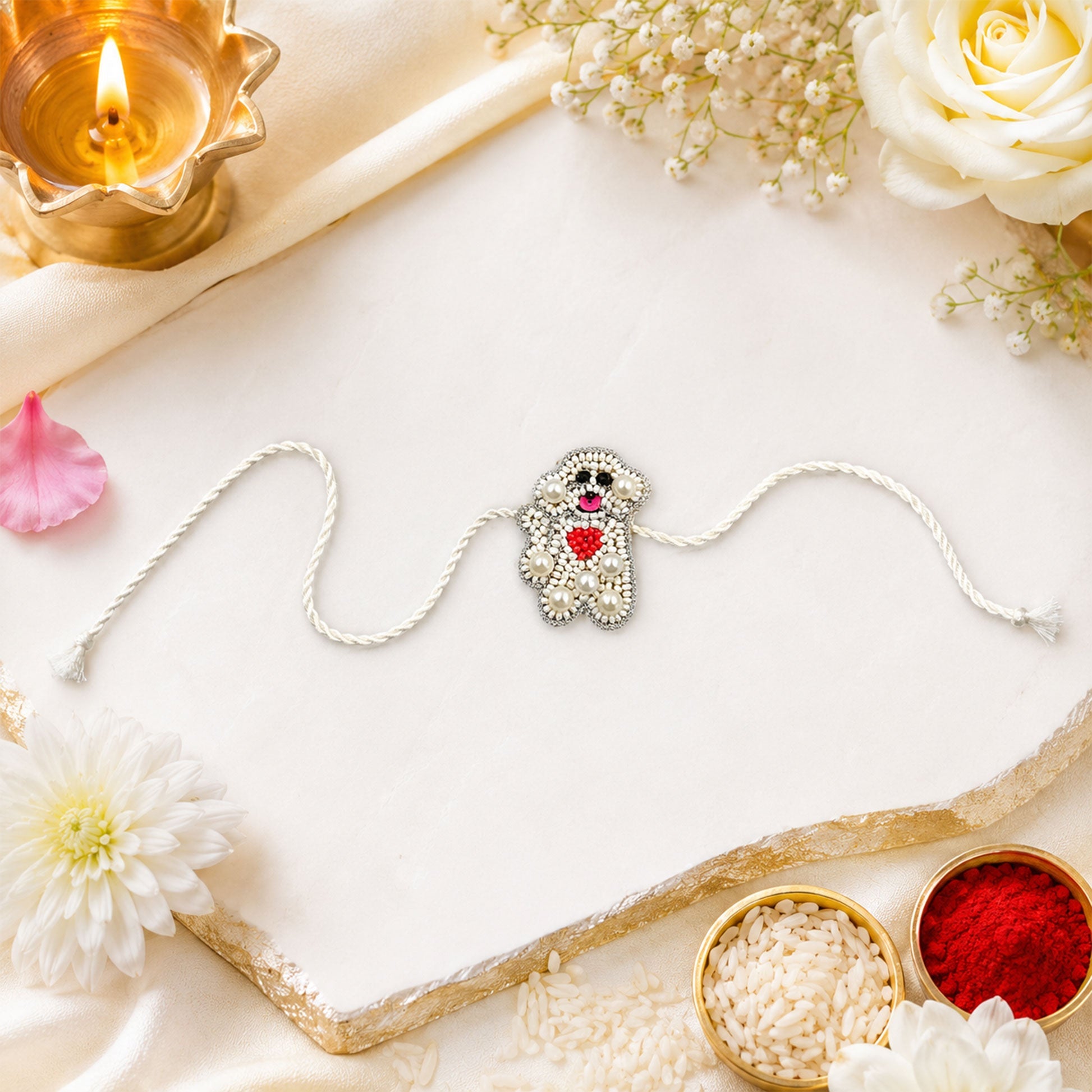 White braided thread rakhi with teddy bear centerpiece