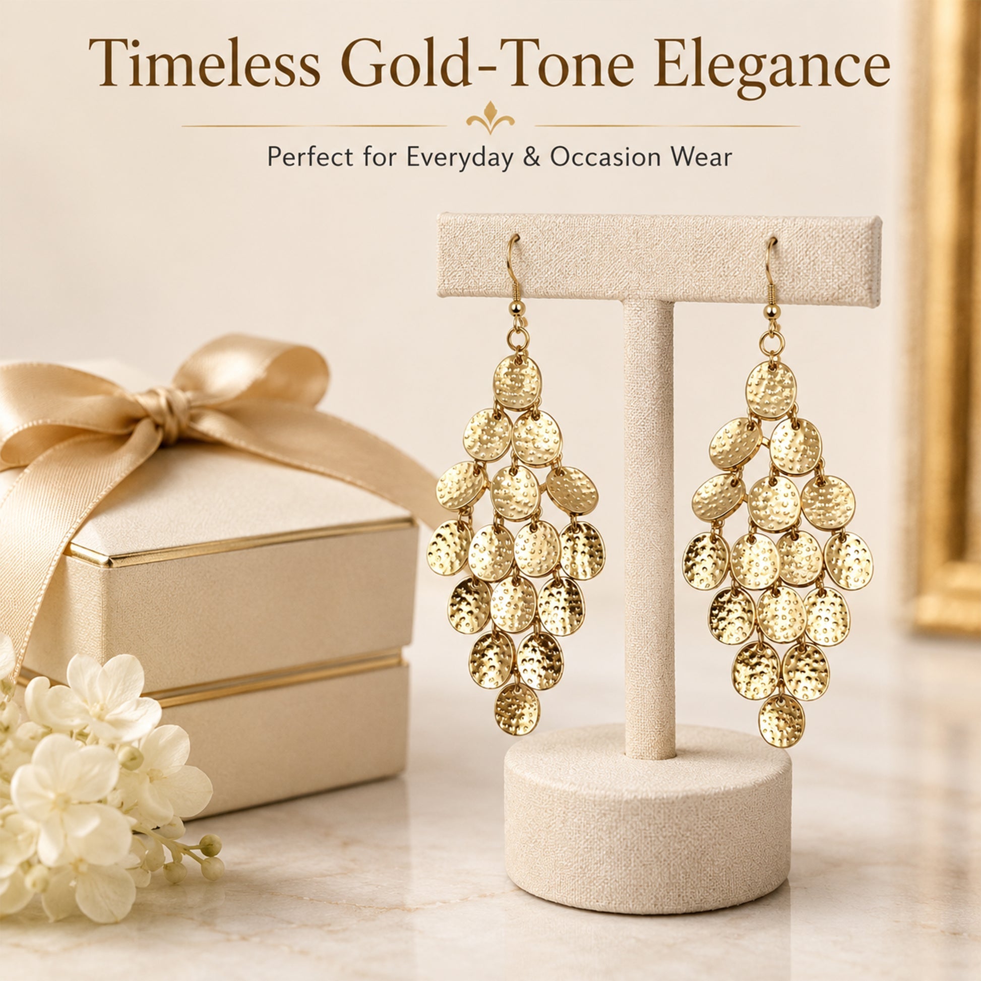 Gold cascading earrings styled as elegant fashion jewellery for women