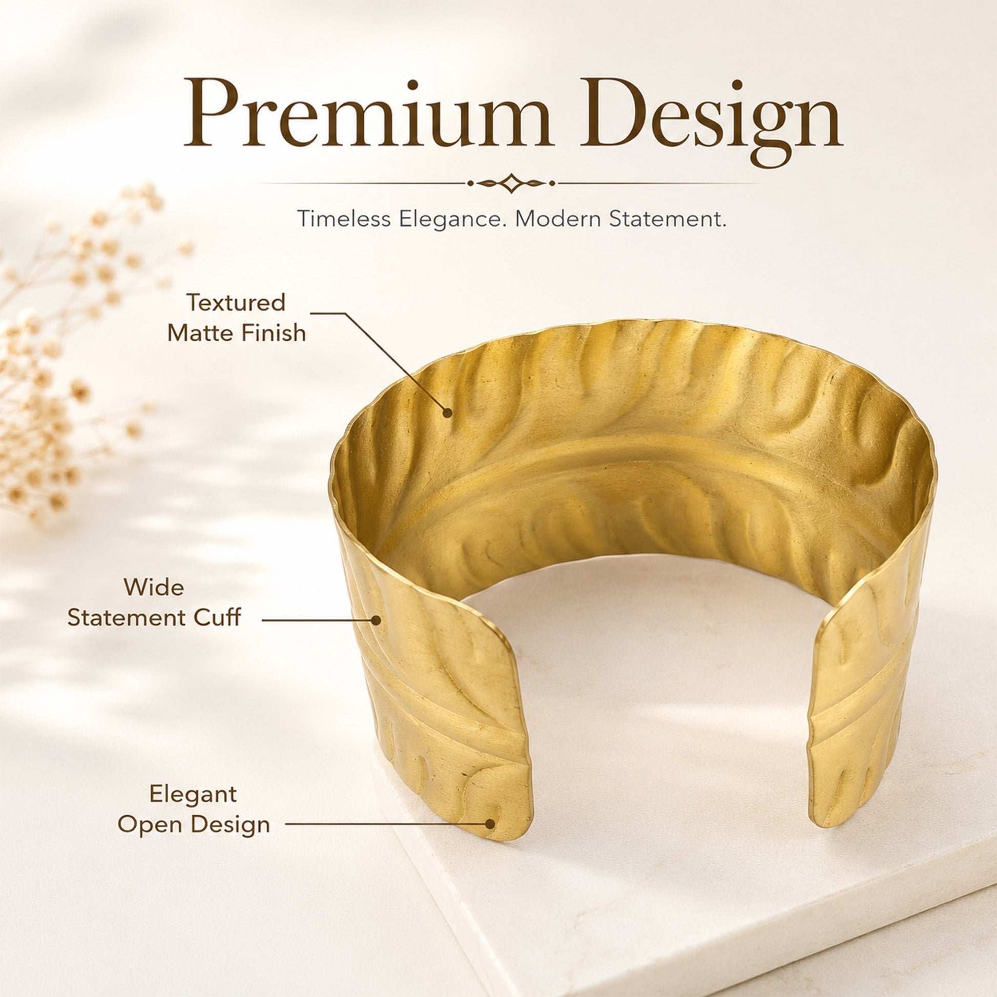 Brass Embossed Wave Pattern Wide Open Cuff