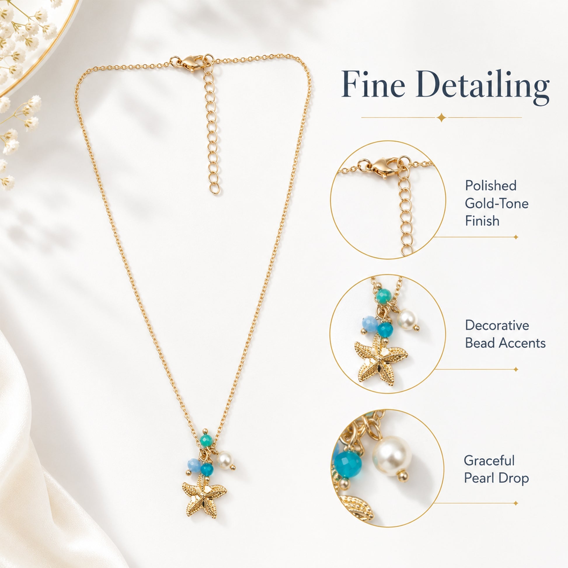 Detailed view of gold starfish pendant with turquoise bead accents