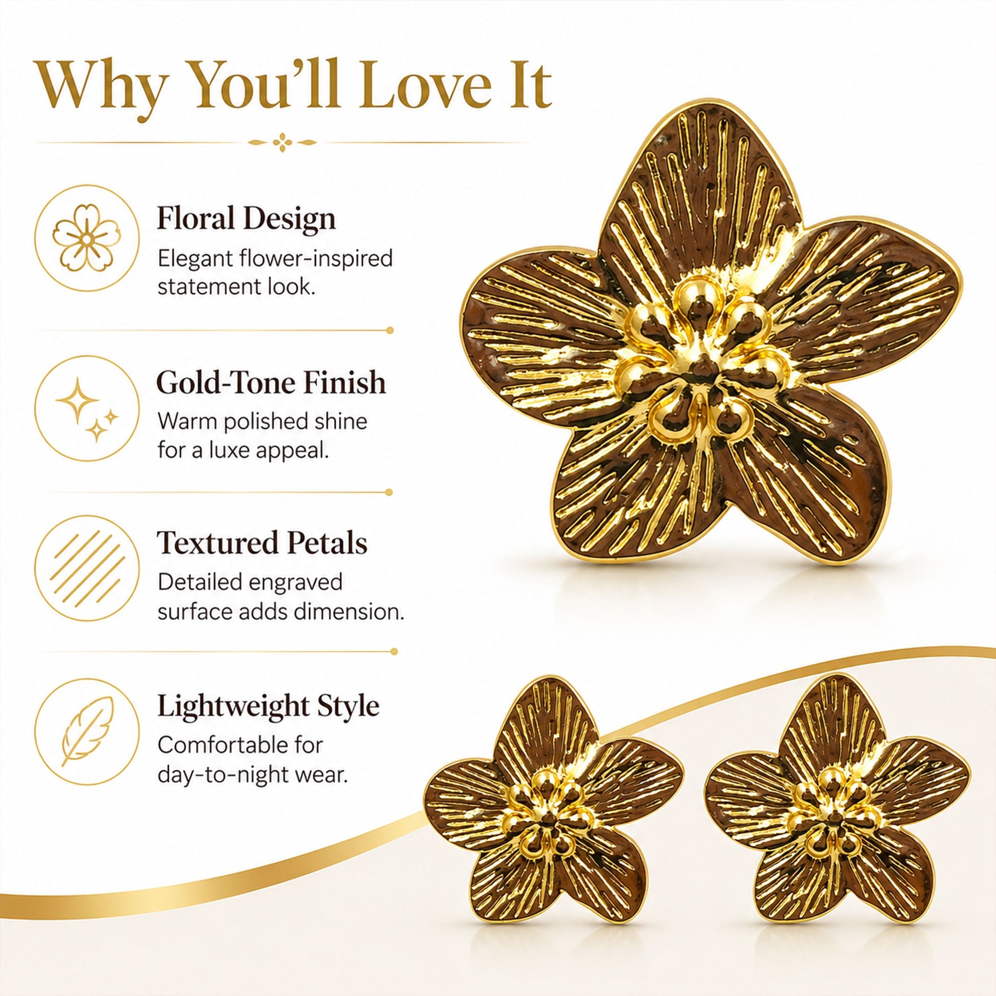 Gold flower earrings styled as elegant fashion jewellery for women