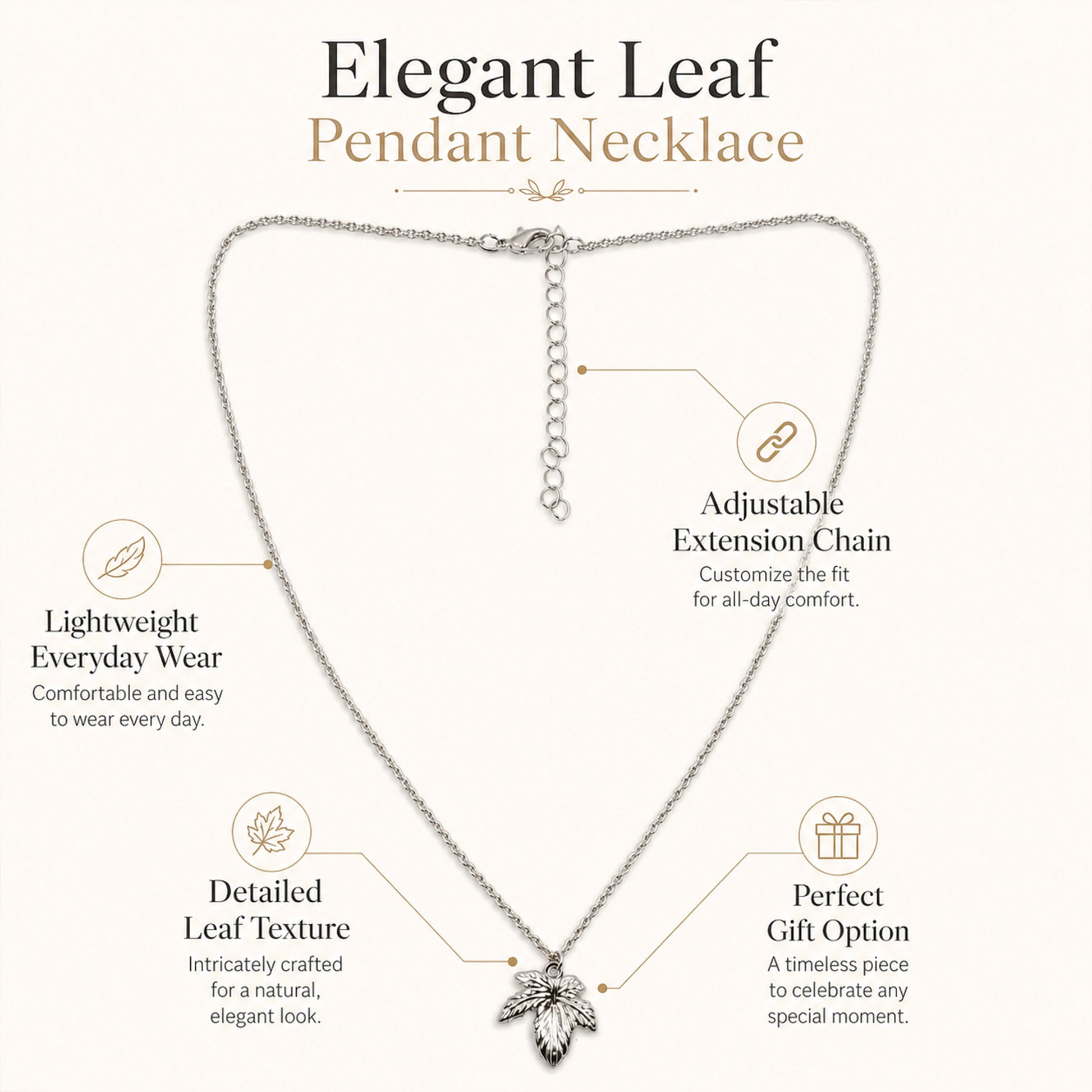 Detailed view of nature-inspired silver pendant necklace
