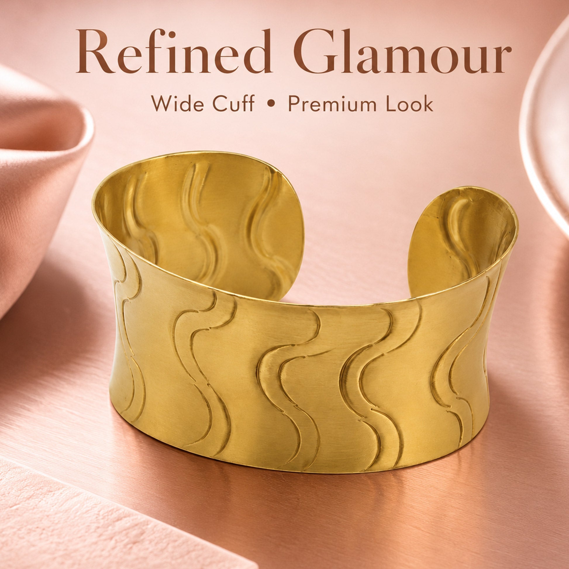Gold Wavy Texture Open Cuff Bracelet