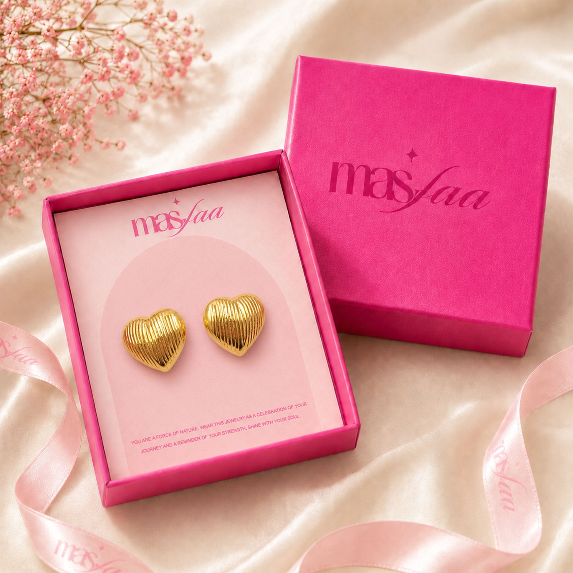 Detailed view of ribbed gold heart stud earrings