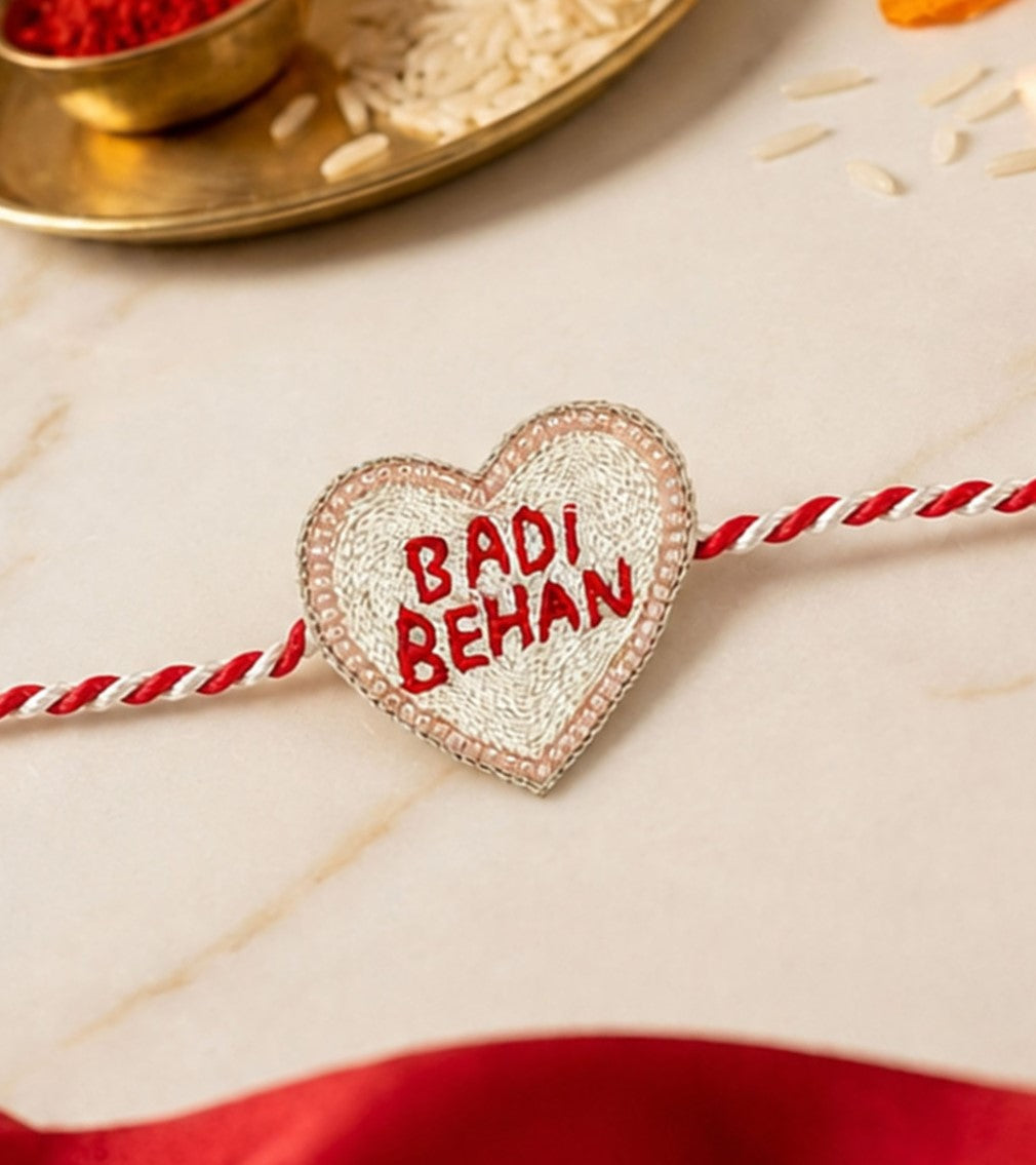 Badi Behan heart rakhi on white background