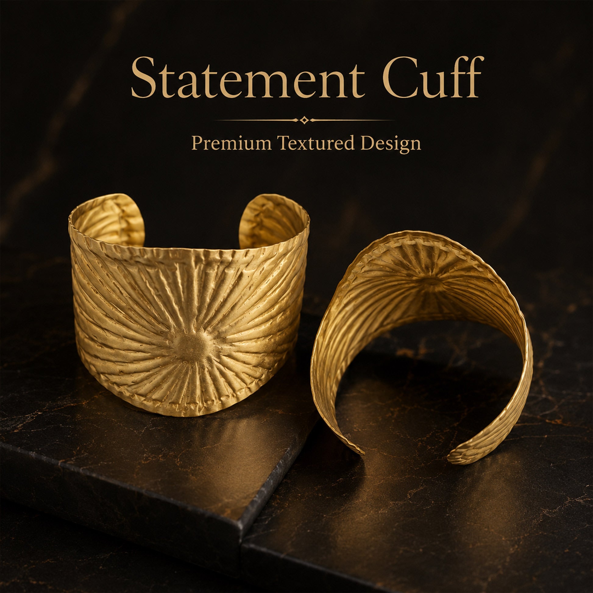 Brass Gold Sunburst Textured Open Cuff Bracelet
