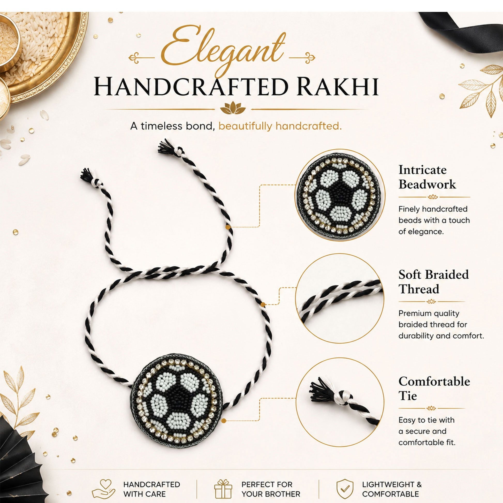 Traditional round stone rakhi with braided thread for brother