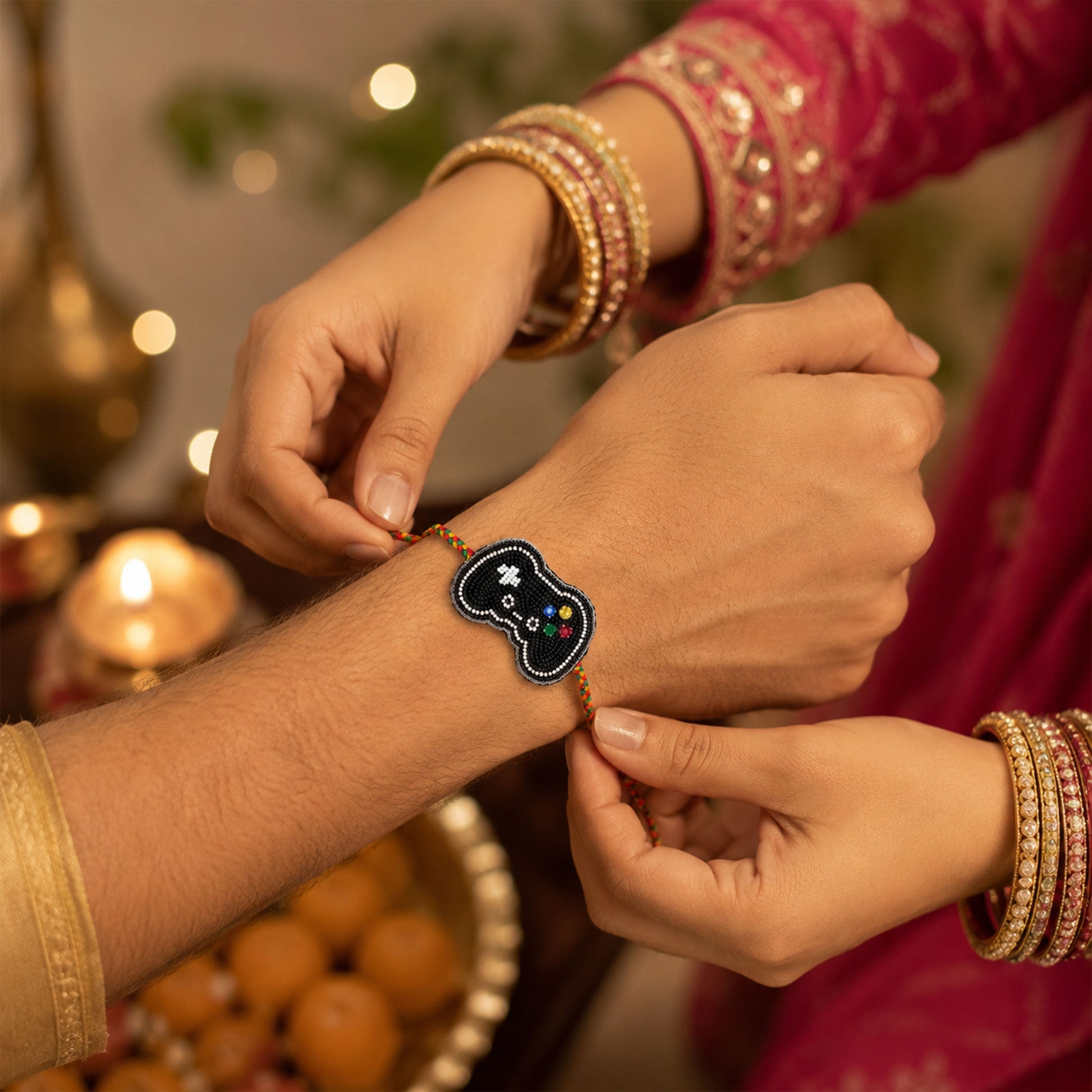 Detailed view of handcrafted black beaded game controller rakhi