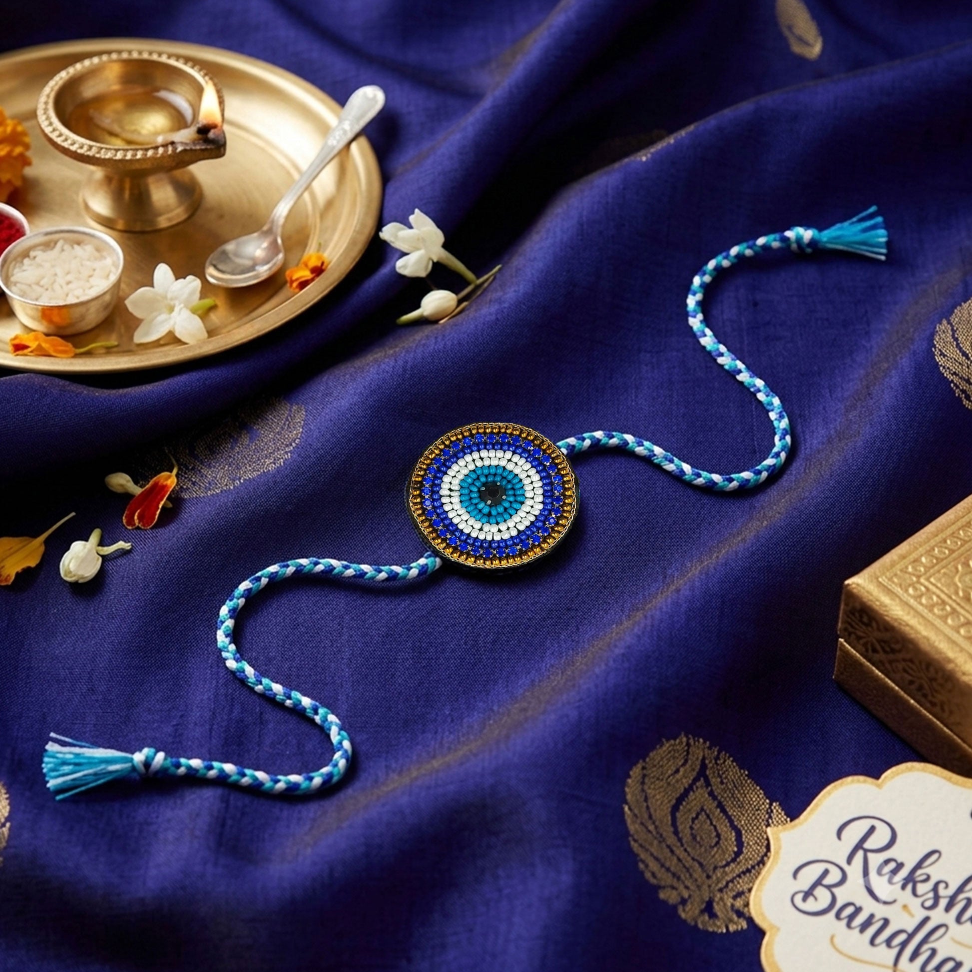 Protective evil eye rakhi with blue white and gold beads