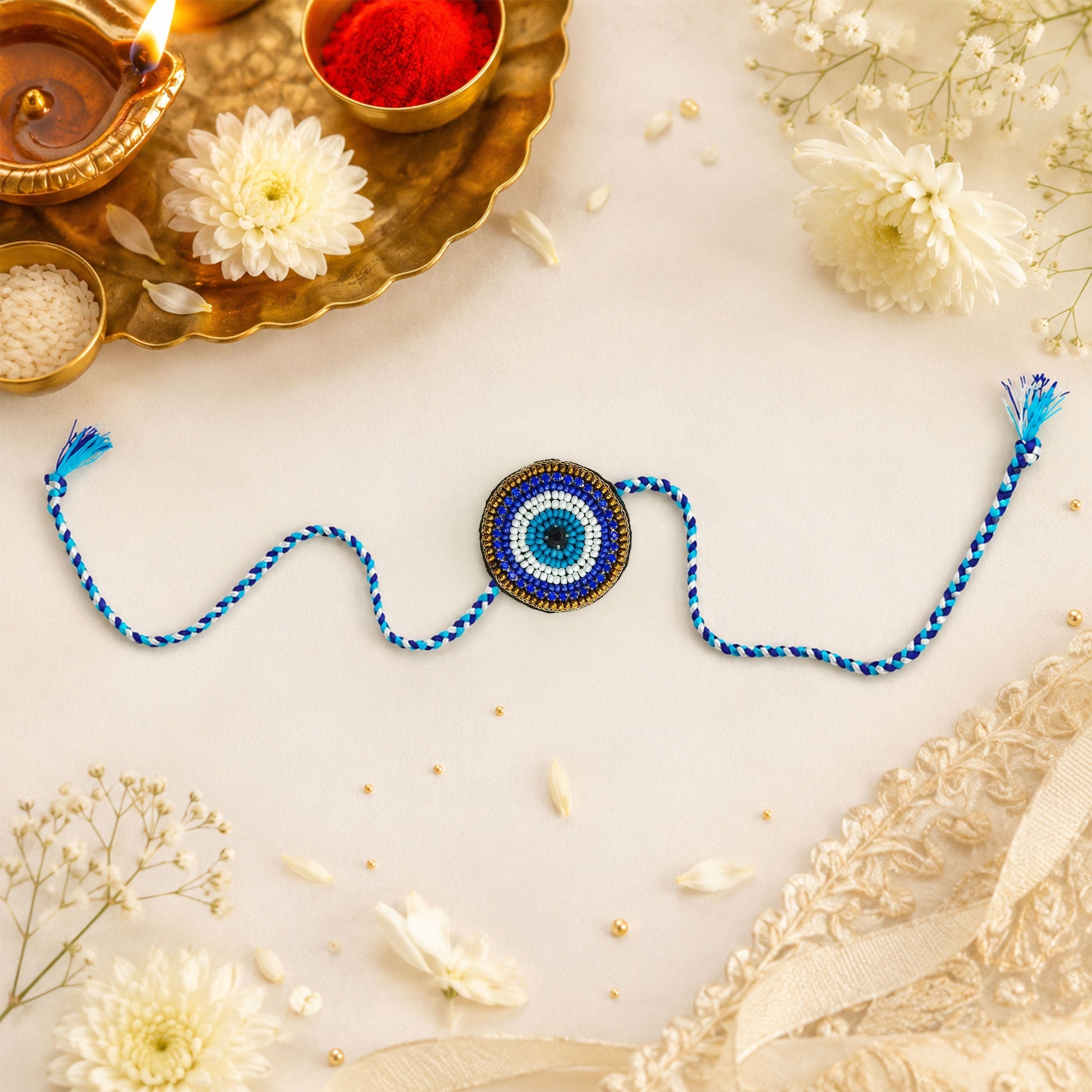 Detailed view of handcrafted blue and golden beaded rakhi