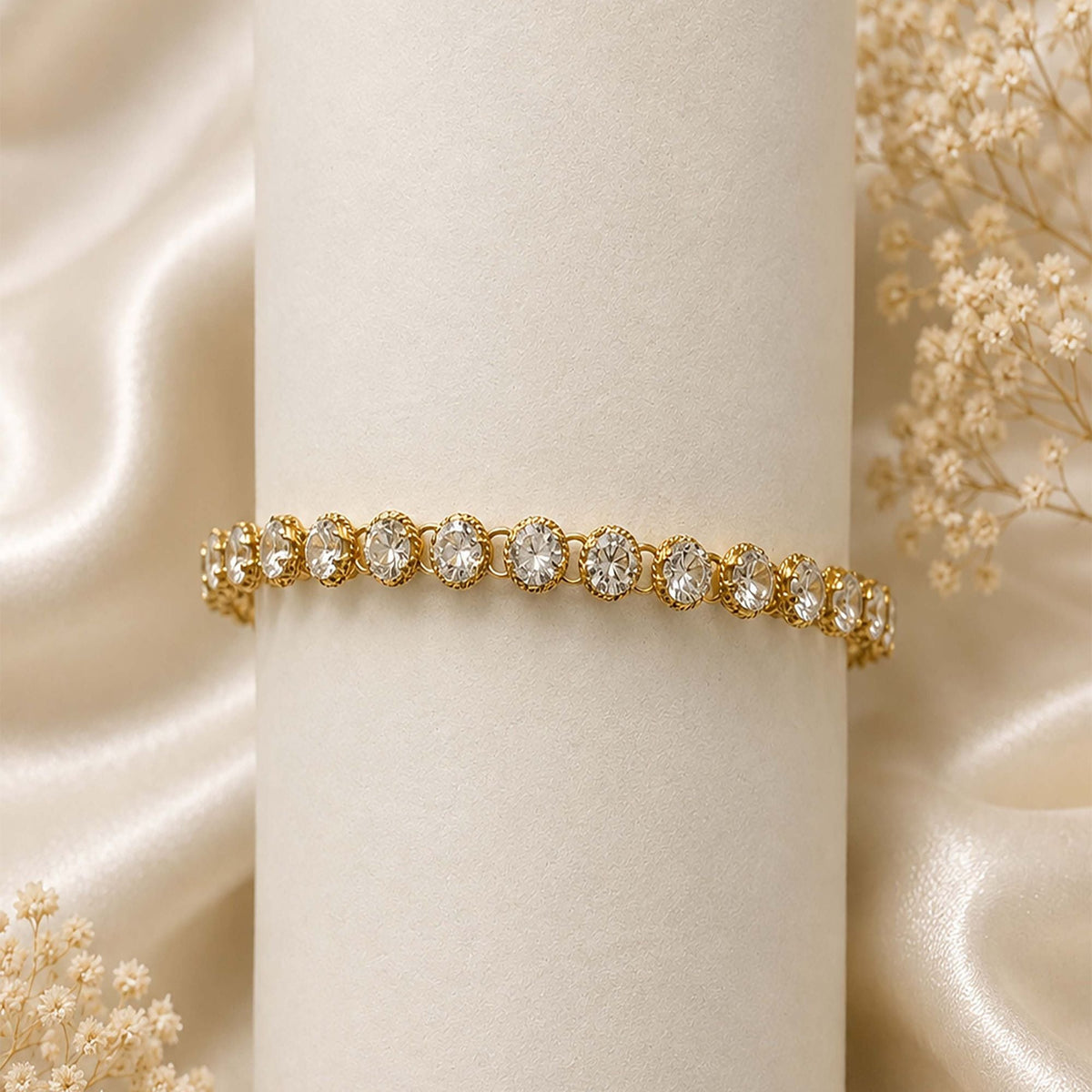 925 Silver Bracelet with Round AD Zircon Handmade in Bezel Setting with Lobster Claw Closure