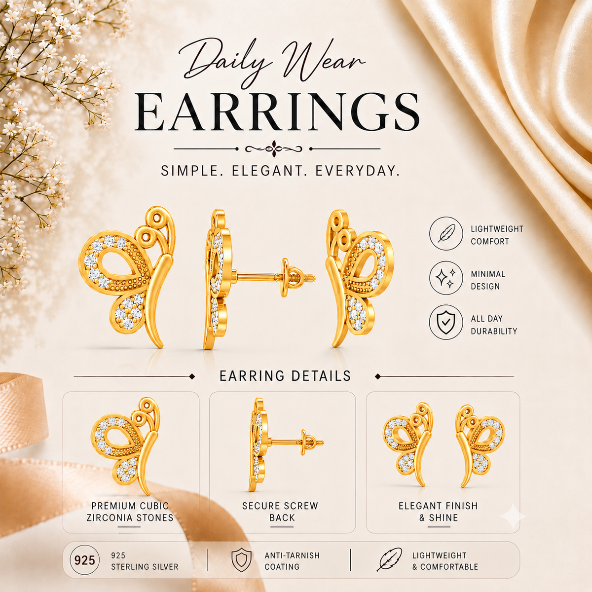 MAIRA Bella Flutter Gold Plated 925 Sterling Silver Butterfly Stud Earrings