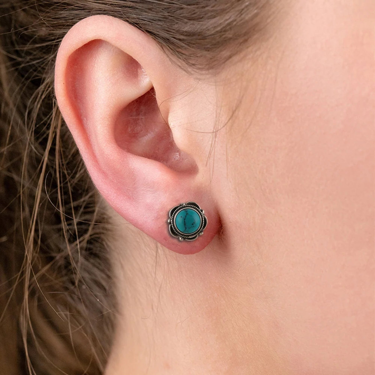 925 silver round Turquoise Eartops Handmade in Bezel setting with push closure in Oxidised finish.