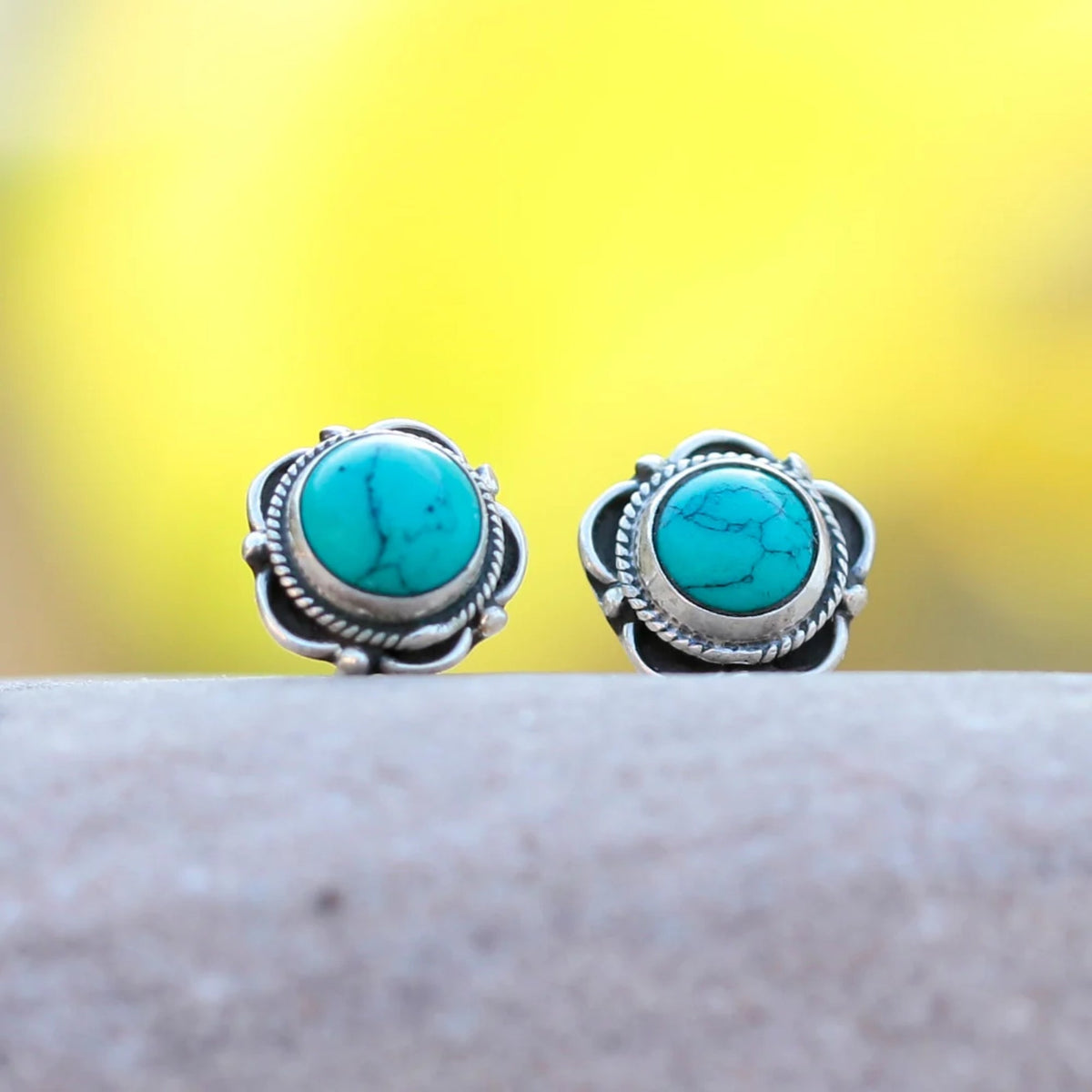 925 silver round Turquoise Eartops Handmade in Bezel setting with push closure in Oxidised finish.